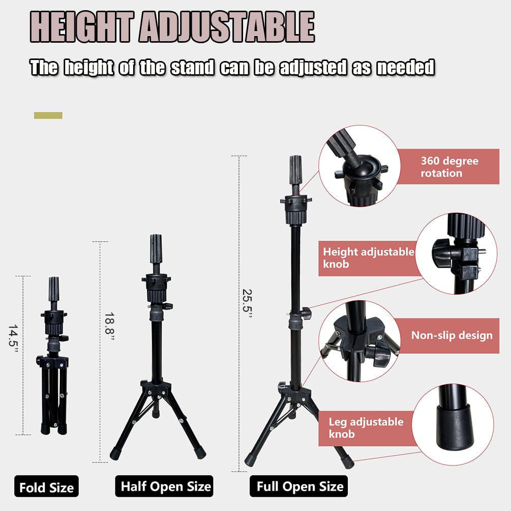 22 Inch Wig Head (White), Wig Stand Tripod with Head, Canvas Block Head Mannequin Head Stand Wig Display Styling Head With Mount Hole, Manikin Canvas Head Block Set for Wigs Making Display with Wig Caps, T Pins C Pins Set Bristle Brush