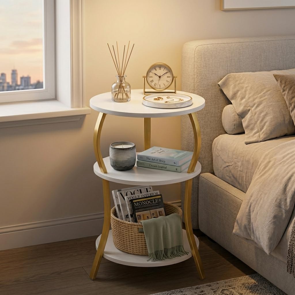 Vintage Round End Table, 3-Tier Slim Waist End Table with Storage Shelf, Small Round Table,Sofa Side Table,Small Round Vintage Table (Classic, White+Gold)