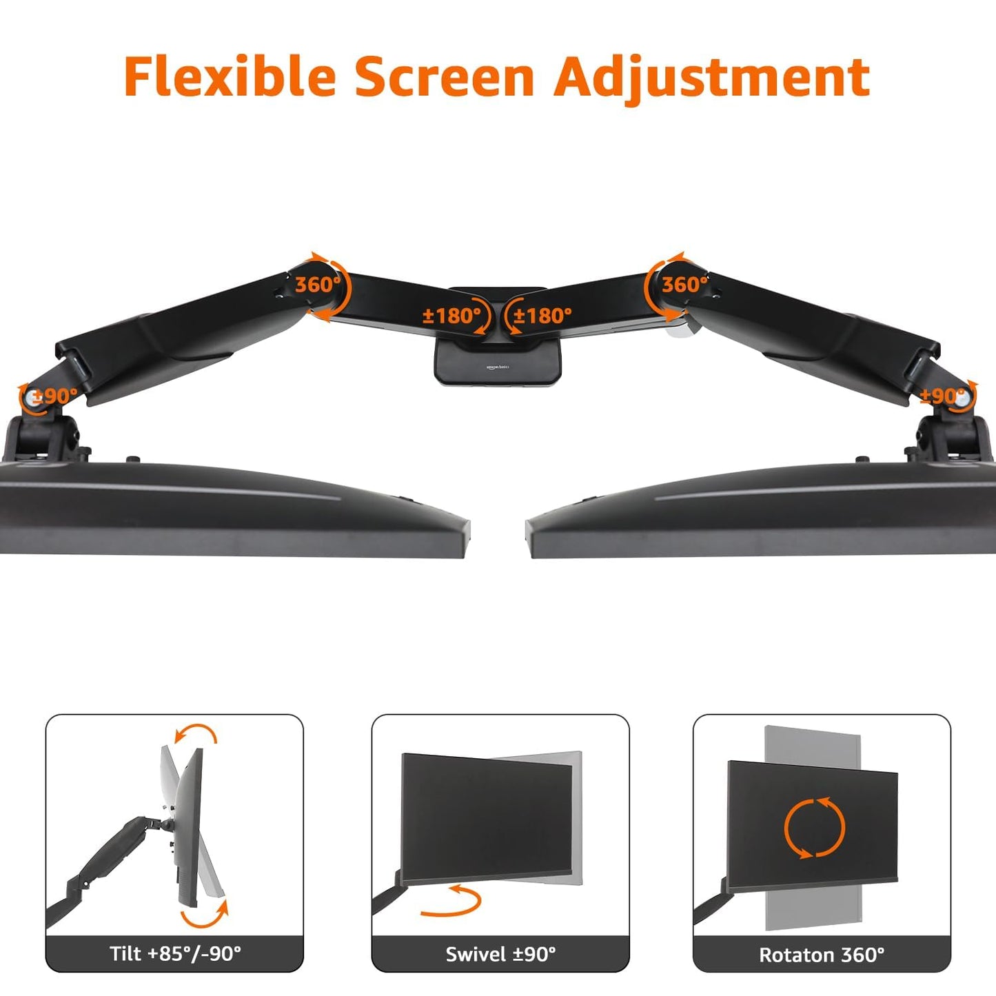 Amazon Basics Gas Spring Dual Computer Monitor Arm Mount, Adjustable, Holds up to 27" Monitors