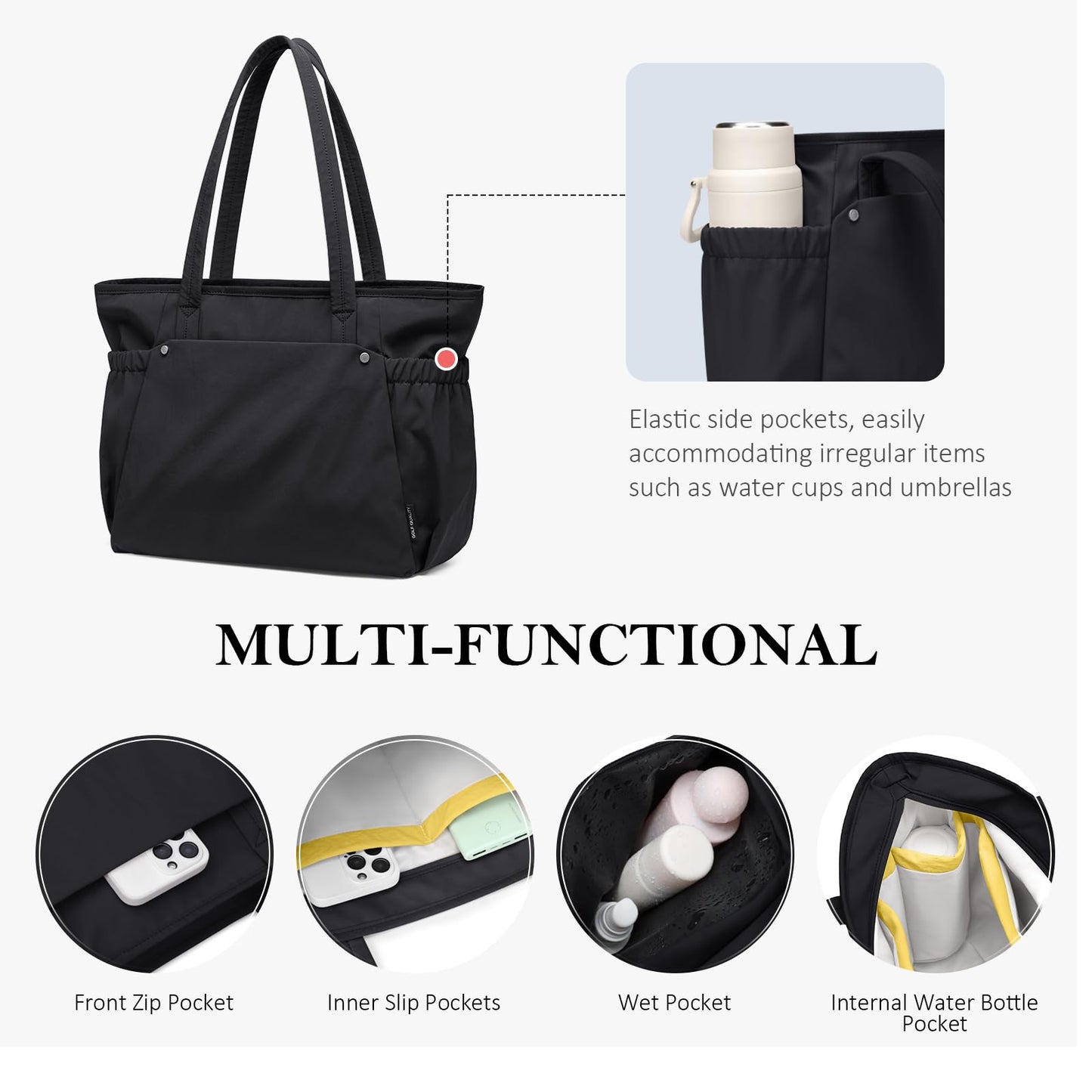 GOLF QUALITY Tote Bag for Women, Work Bags with Zipper Computer Laptop Handbag with Compartments for Travel, Daily,Fit 14Inch,Black