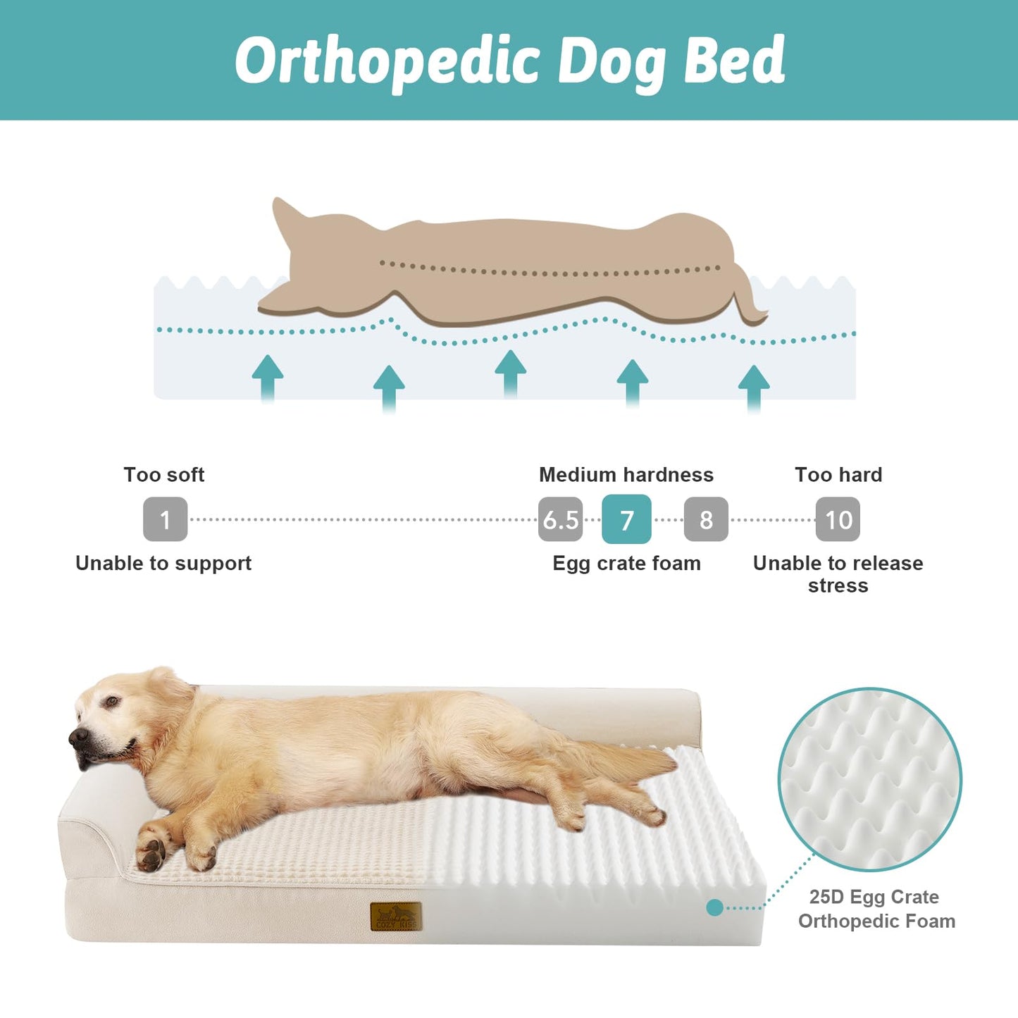 COZY KISS Orthopedic Dog Bed for Large Size Dog, XL Dogs Crate Bed, L Shaped Foam Anti-Slip Bottom Pet Cat Sofa with Washable Removable Cover, Suitable for Pet Up to 100 lbs, 44x32x7 inch, Beige