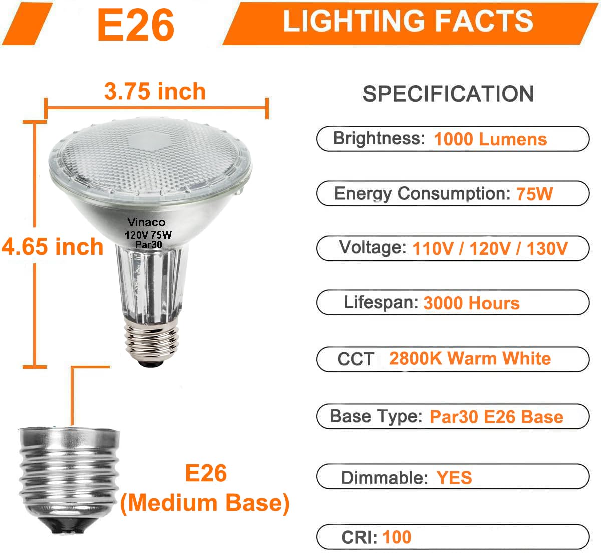 Vinaco PAR30 Long Neck 75W, 6 Pack Long Lasting PAR30 Halogen Flood Light Warm White 2800K, PAR 30 Dimmable, High Output PAR30 Flood Light Bulb 120V with E26 Base for Indoor/Outdoor