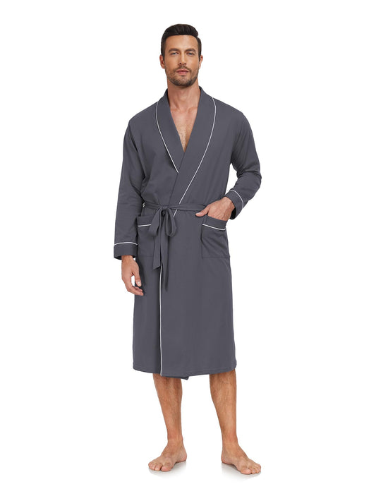 COLORFULLEAF Mens 100% Cotton Robes Lightweight Summer Long Bathrobe Sleepwear Soft Knit Spa Robe with Pockets, Iron Grey, XX-Large