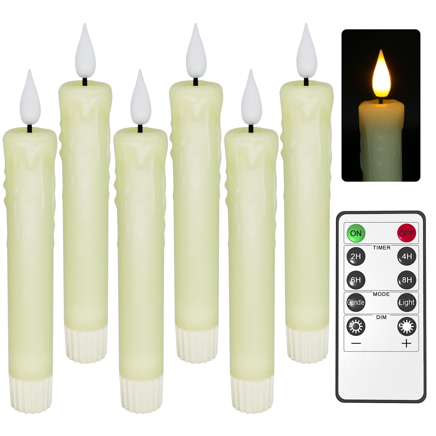 Real Wax LED Flameless Taper Candles with Remote Timer, 6.4 Inch Ivory LED Candlesticks Battery Operated with 3D Flickering Flame for Christmas Window Halloween Wedding Party Home Decor