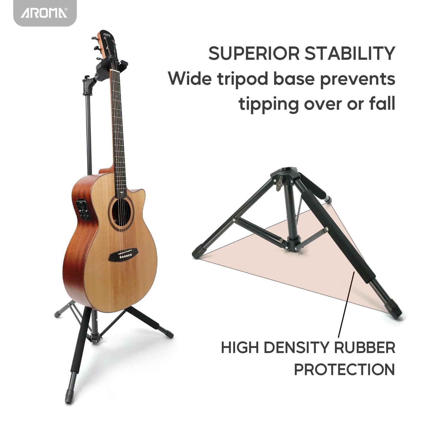 AROMA Bass Stand Universal for Acoustic Electric Classical Guitars Floor Stand Foldable with Auto-Lock Neck Holder Soild Tripod One Button Lift