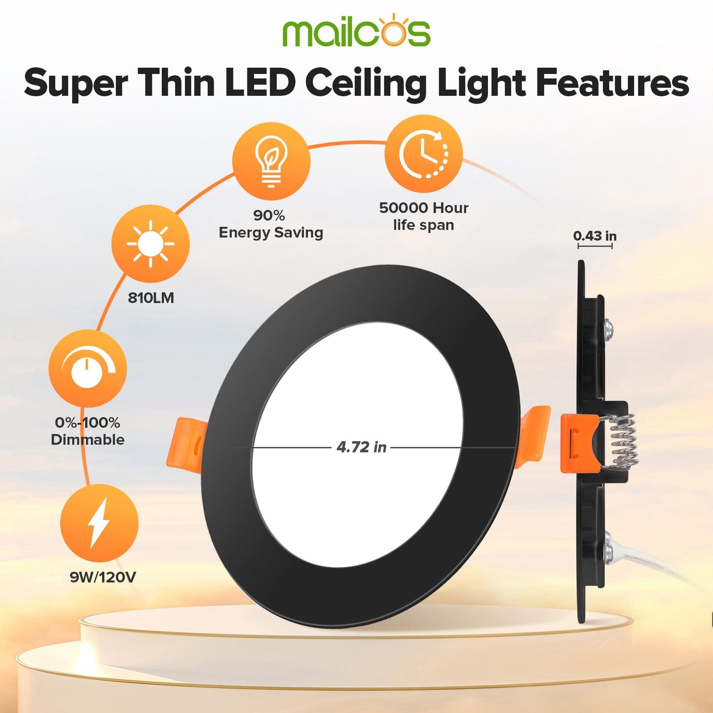 MAILCOS 4 Inch 5CCT Black Ultra-Thin LED Recessed Ceiling Light with Junction Box, 2700K-5000K Selectable, 1050LM High Brightness, 0%-100% Dimmable Canless Wafer Downlight, 12W 120V, ETL（6pack）