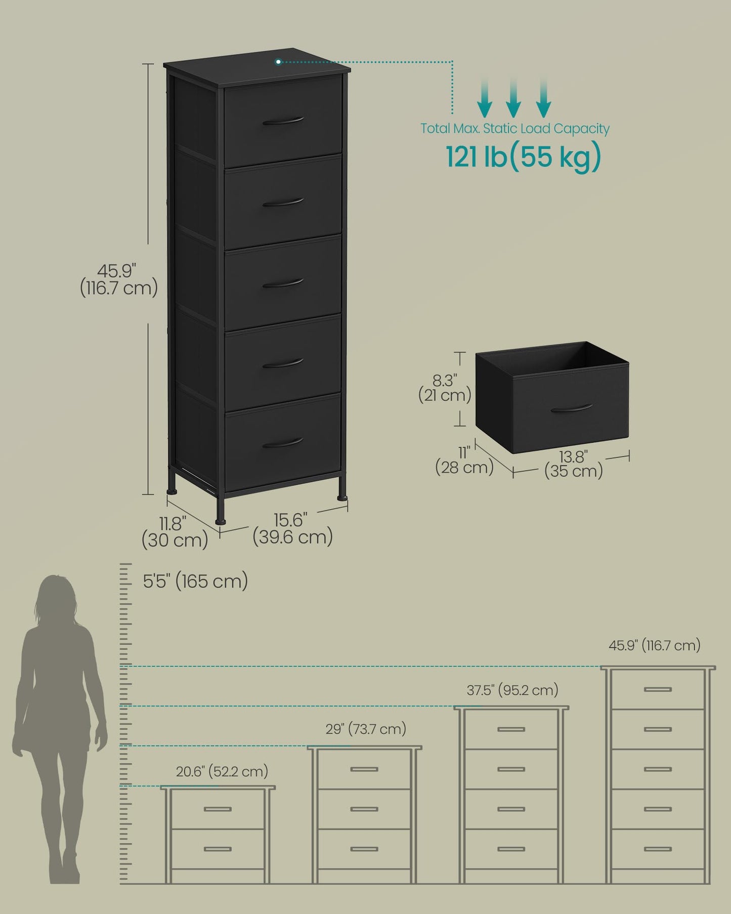 SONGMICS BELLAH Collection - Dresser for Bedroom, Chest of Drawers, Storage Organizer Unit, Closet, Entryway, Steel, 5 Drawers, Modern, Ink Black and Ebony Black ULGS315BH03
