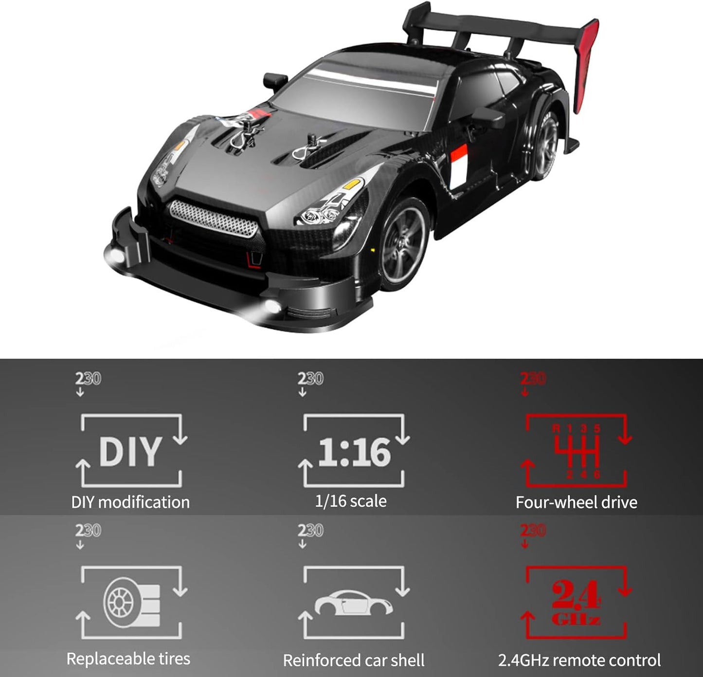 GoolRC RC Drift Car, 1:16 Scales GTR Model Pro RC Car, 4WD 30KM/H High Speed RC Racing Car 2.4GHz RTR Drift RC Cars with LED Lights for Adults and Kids
