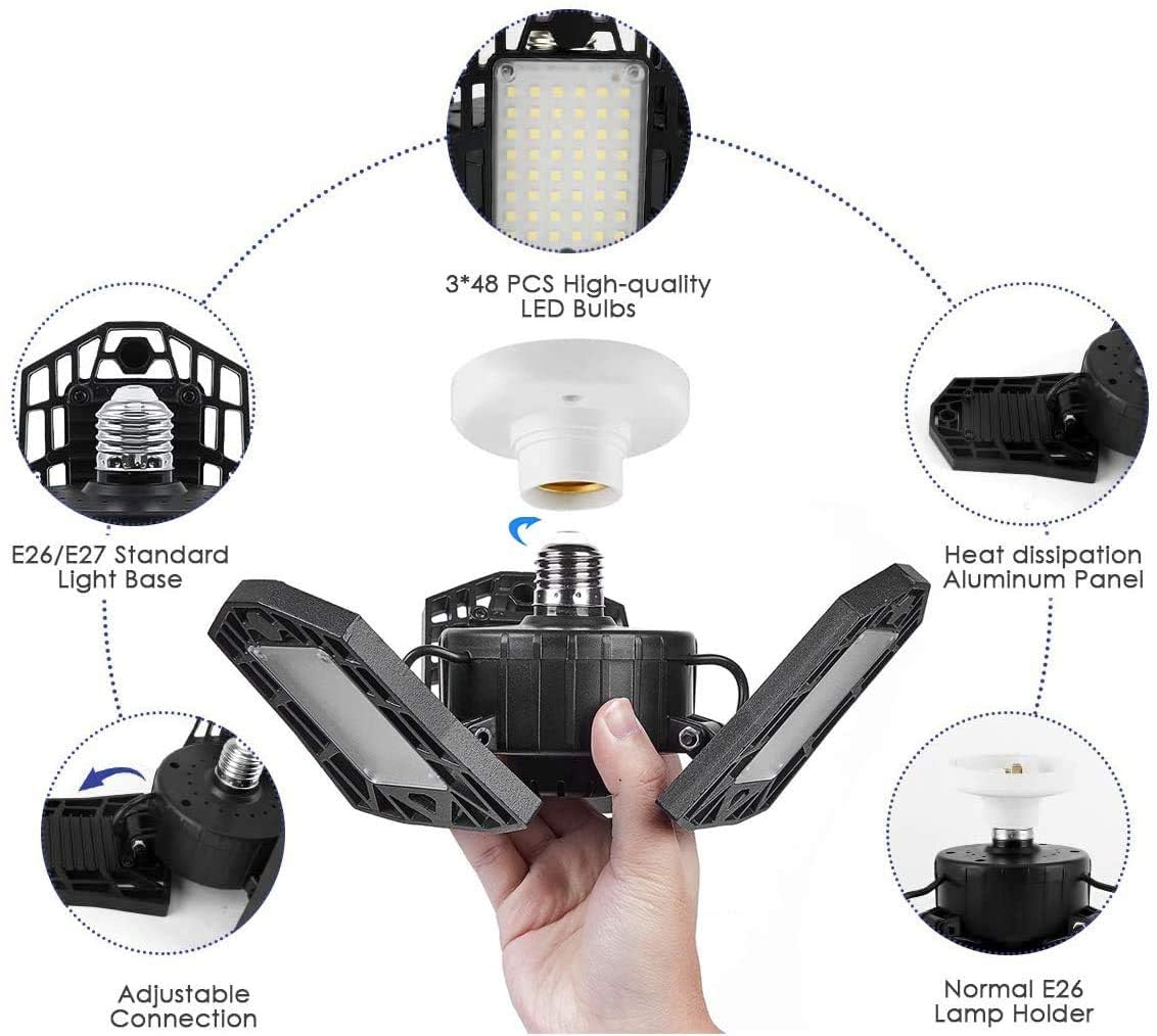 LED Garage Lights - 6000 Lumen 6500K Daylight 60W, Three Leaf Led Garage Ceiling Lights, Pack of 2