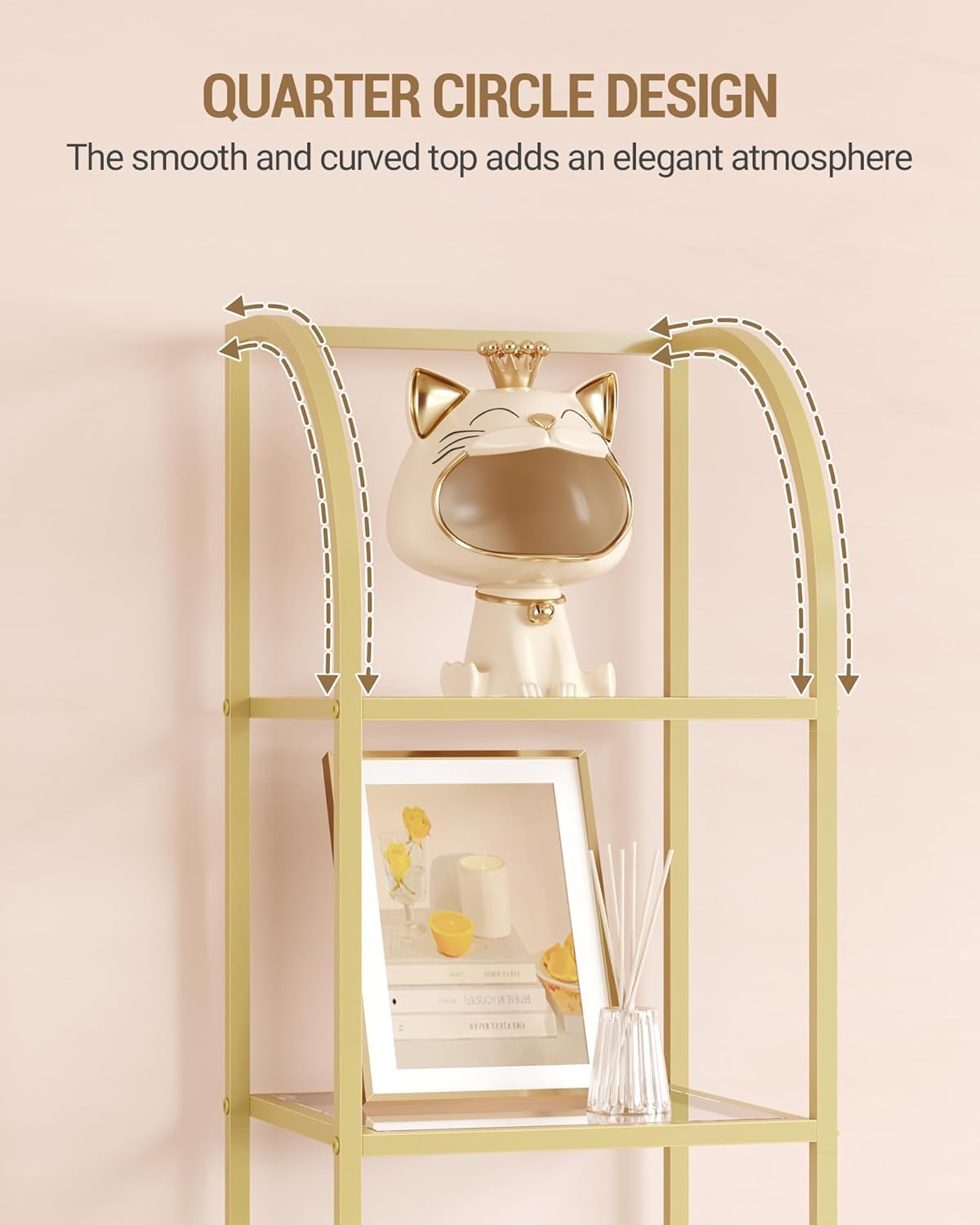 Hzuaneri Bookcase Bookshelf, Tempered Glass Arched Bookshelf for More Storage, Slim Shelving Unit for Bedroom, Bathroom, Home Office, Steel Frame, 6 Tier Gold BC20699G