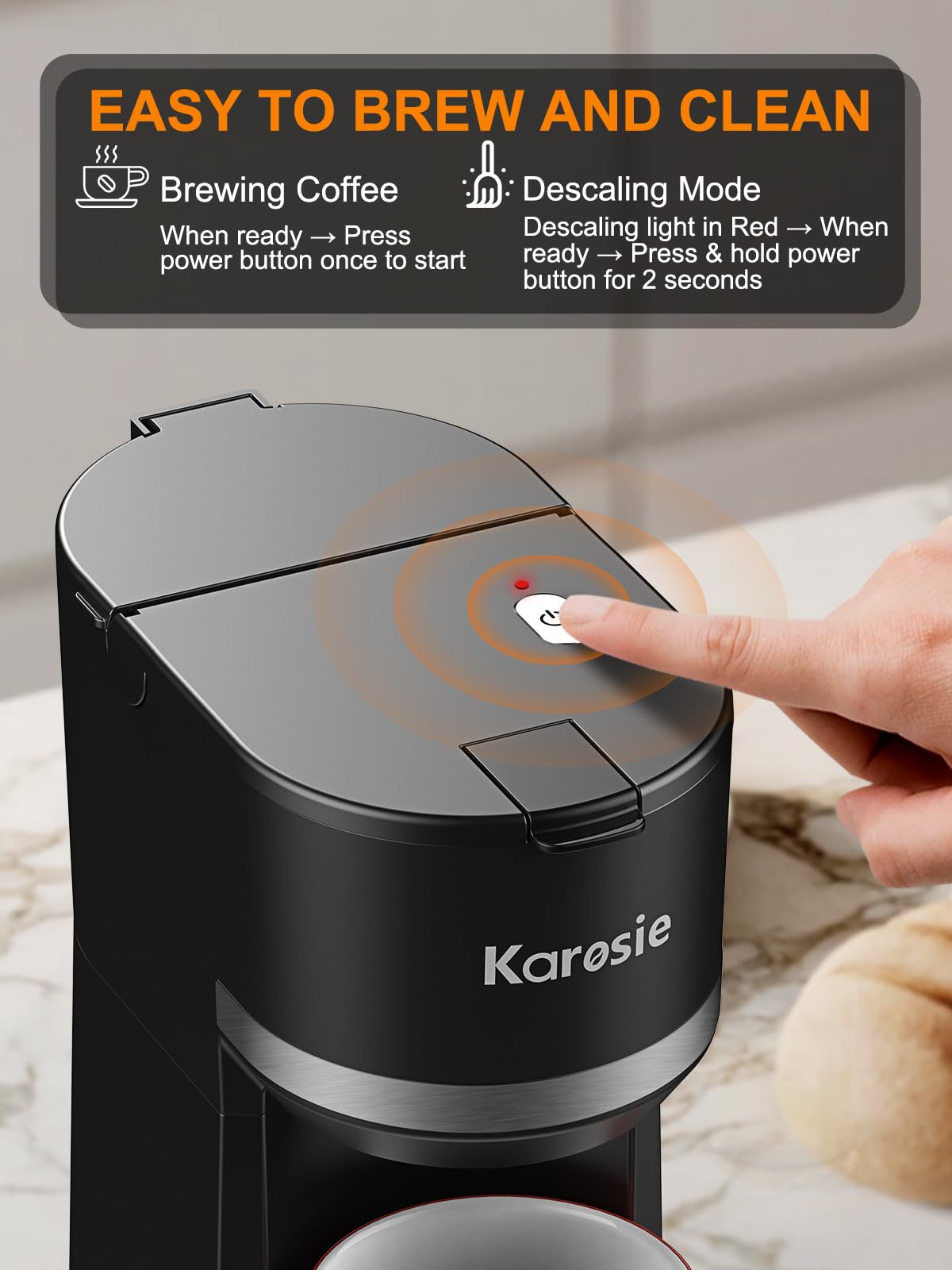 Single Serve Coffee Maker for K-Cup and Ground Coffee, Fast Brew, 6-12 oz Brew Sizes Single Cup Coffee Machine Fits 5.5" Mugs, One-Button Small Coffee Maker with Descaling Reminder, Black