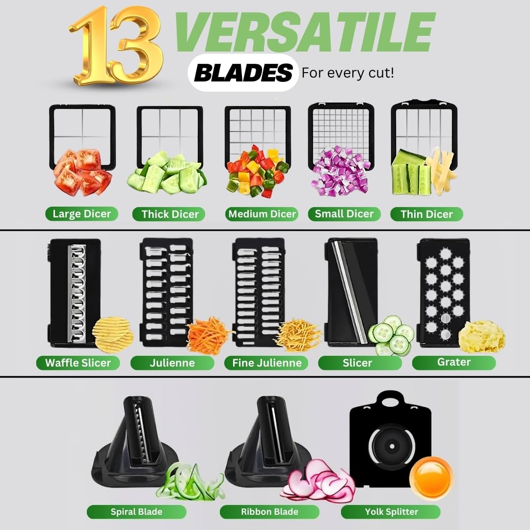 22-in-1 Safety-Locked Vegetable Chopper with 13 Stainless Blades - BPA-Free Vegetable Slicer & Onion Chopper – Meal Prep Veggie Chopper & Mandoline Slicer with Storage (White)