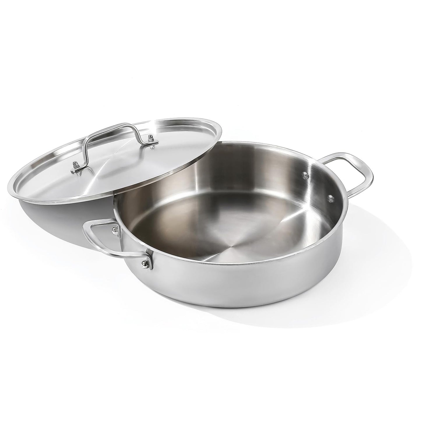 DELARLO Tri-Ply Stainless Steel 6 Quart Braiser Pan with Lid Induction Rondeau Pot with Lid 12inch Deep Frying Pan Large Saute Pan Heavy Duty Style Compatible with All Cooktops Up to 650℉