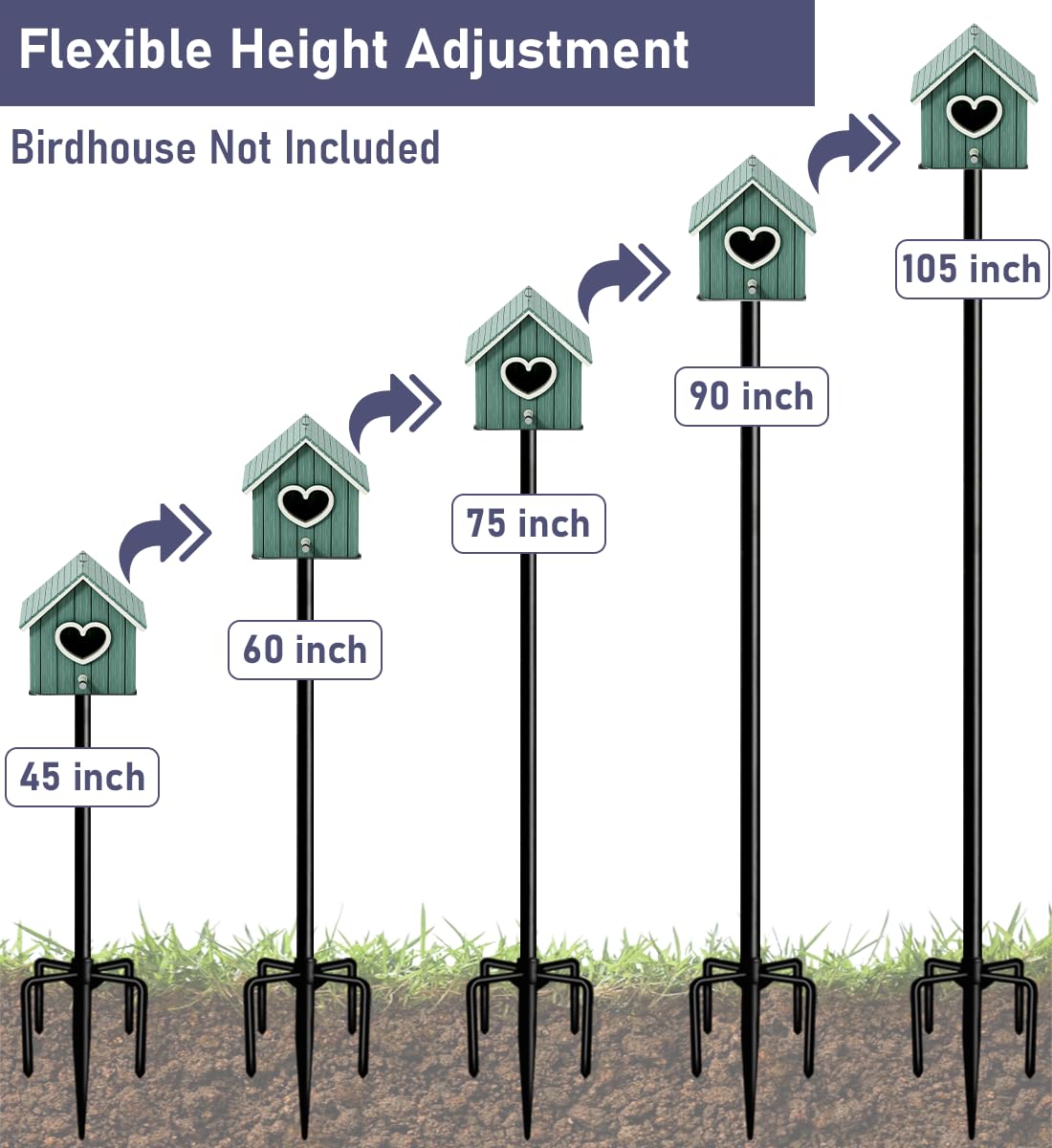 Ansionsol 105 Inch Smart Bird Feeder Pole with 5-Prong Base, Adjustable Bird House Pole Mount Kit for Outdoors, Heavy Duty Bird Feeder Stand for Wild Birds Watching, Black