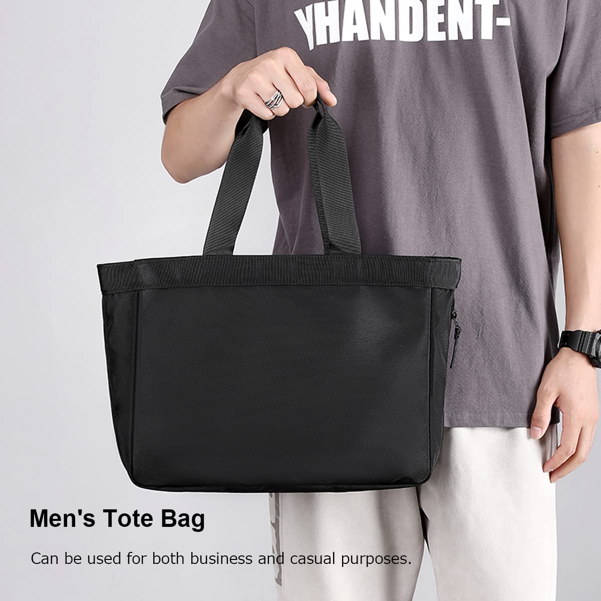 Men's Tote Bag 14-inch Laptop Nylon Waterproof Lightweight Business Casual Black Handbag for Work School Travel