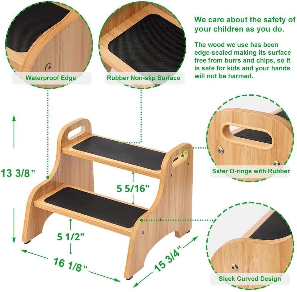 StrongTek Wooden Step Stools for Kids, Toddler 2 Step Stool for Bathroom with Non-Slip Stepping Surface, Portable Stepping Stool with Handles for Kitchen and Bedroom, 350 lbs Capacity (Natural)