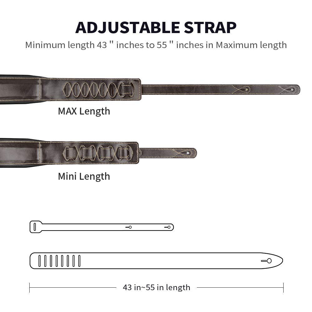 Guitar Strap Leather 3 Inch Wide Full Grain Padded Soft Leather Strap for Acoustic, Electric and Bass Guitars (Brown)
