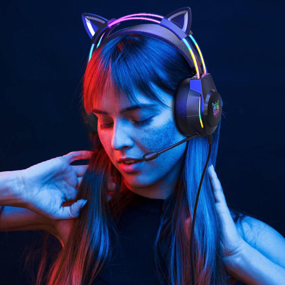 Gaming Headset with Microphone, Cat Ears Headphones for PC/PS4/PS5/Switch, RGB Backlight & Virtual Surround Sound, Lightweight Over Ear Headphones with Auto-Adjustable Headband