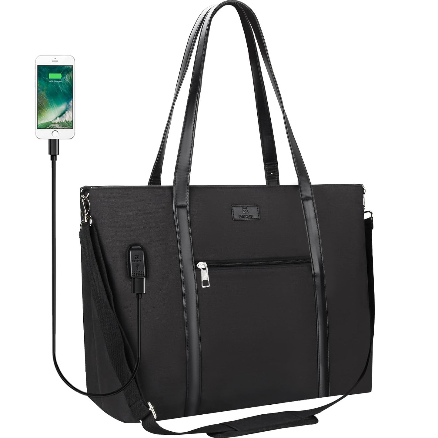 Laptop Bag for Women 17.3 Inch Laptop Tote Bag Large Work Tote Bag Waterproof Work Bag Teacher Bag with USB Charging Port Computer Tote Bag Nylon Handbag Satchel Shoulder Bag(17.3 inch, Black)