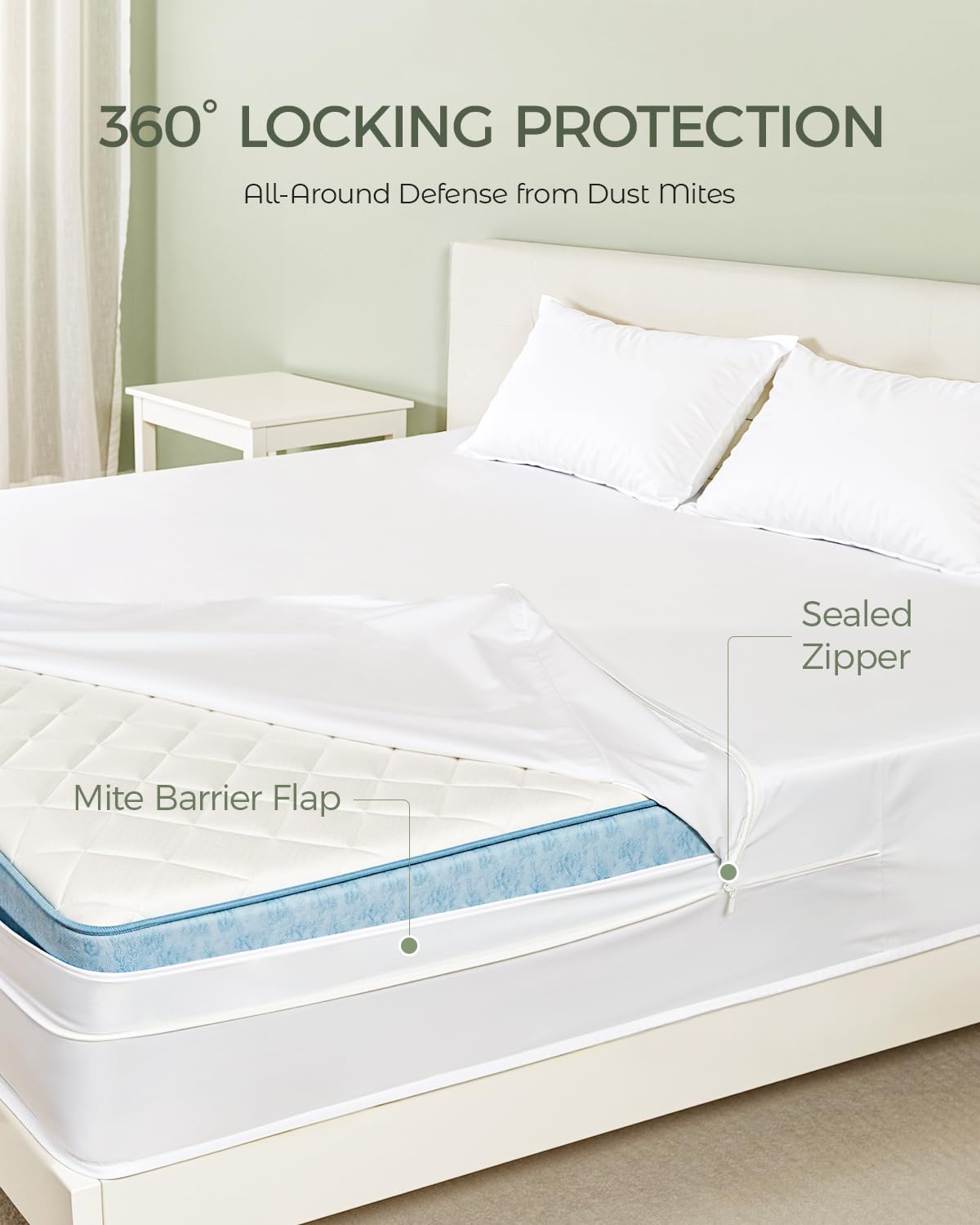 FAUNNA Zippered Mattress Encasement, 100% Cotton Bed Bug and Dust Mite Proof Protector, Six-Sided Noiseless Cover, White (Full 16" Deep)