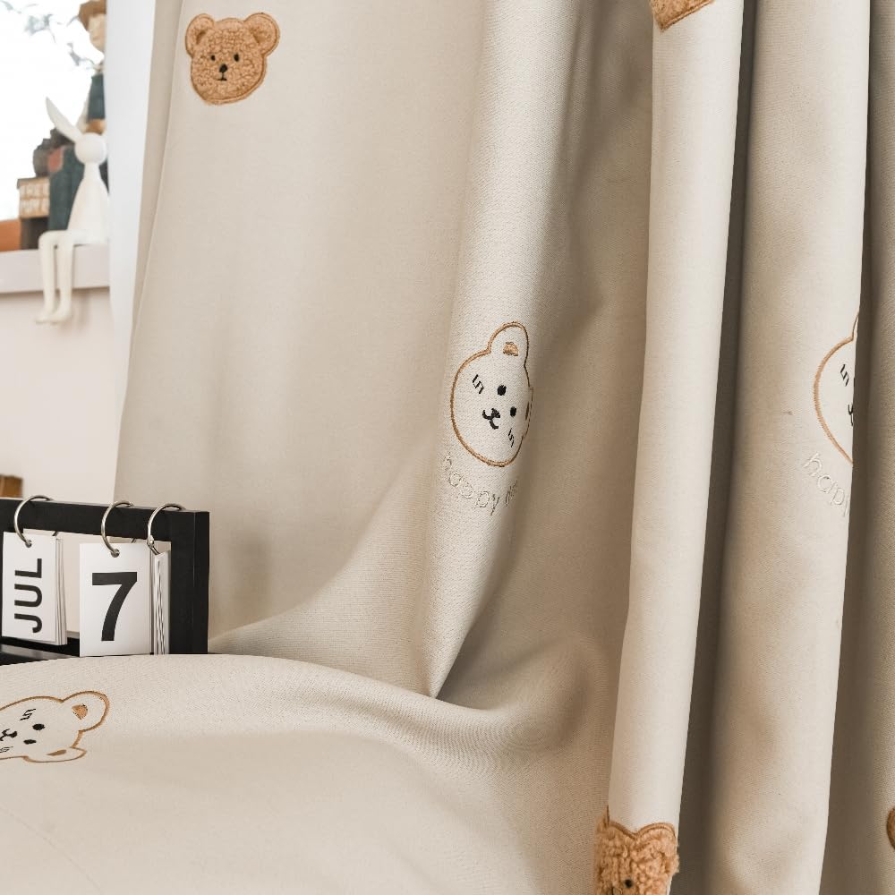 AiFMQQ Cartoon Bears Kids Blackout Curtains for Babys Bedoom Living Room Grommet Top Beige Embroidery 3D Bear Darkening Curtain for Nursery Baby Room 1 Panel (Beige, W42 L84 inch)