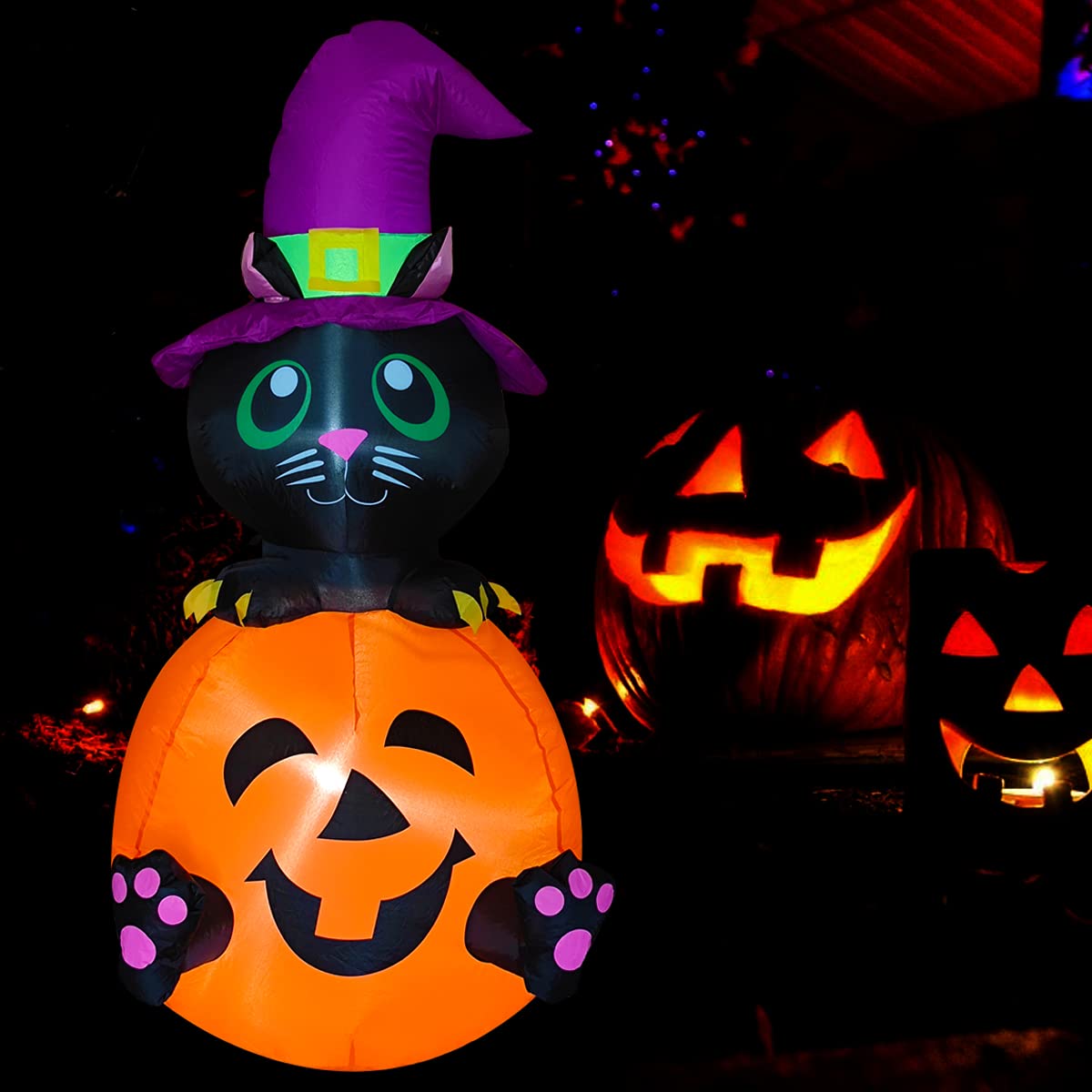 Poptrend 4 FT Inflatable Halloween Black Cat & Pumpkin Outdoor Blow Up Yard Decorations with Internal LED Lights