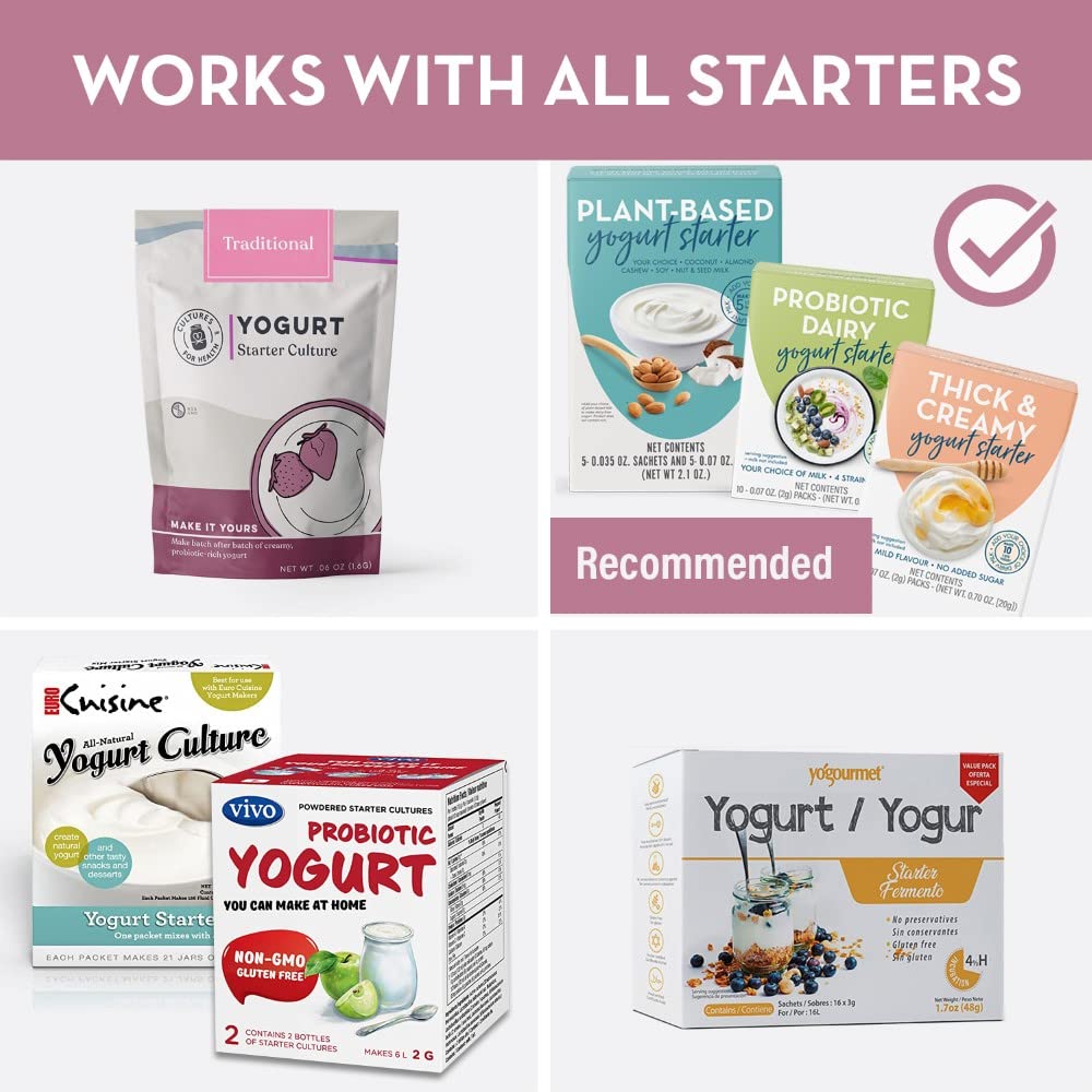 Stainless Steel Yogurt Maker with 1 Litre Glass Jar and Complete Recipe Book to Make 12+ Easy Homemade Dairy Free and Milk Yogurts