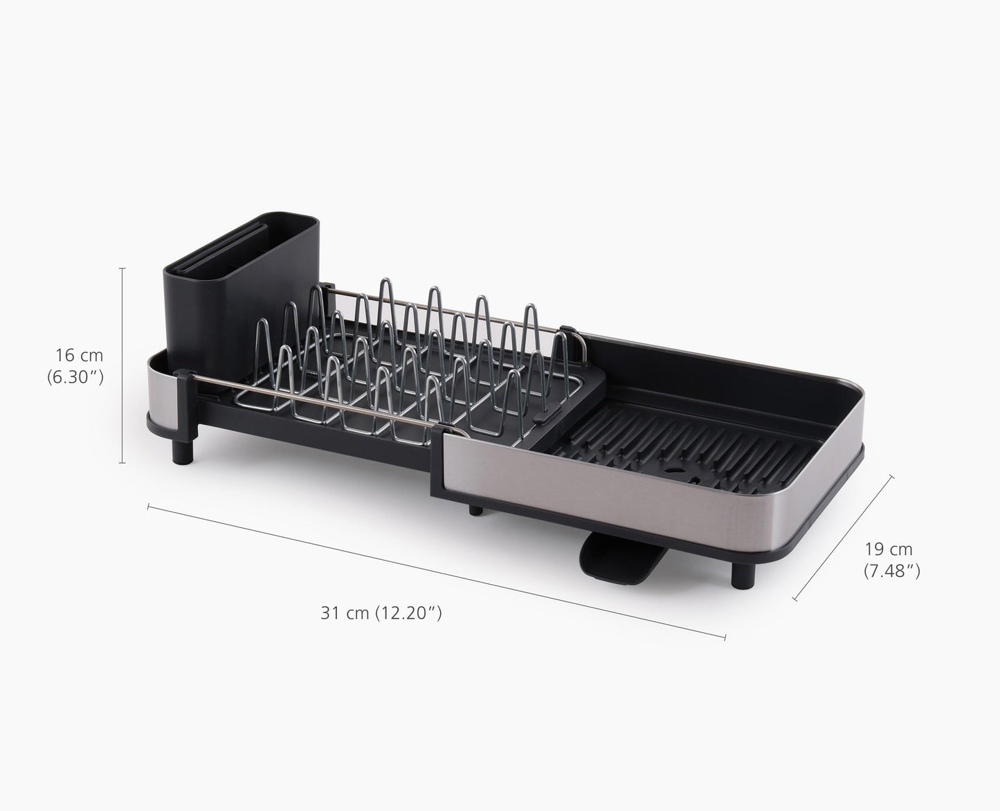 Joseph Joseph Extend Slim Steel Expandable Dish Drying Rack with Removable Cutlery Holder and Swivel Draining Spout, Compact Design, Grey