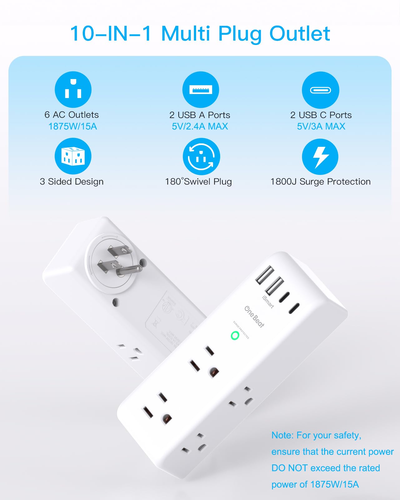 2 Pack Surge Protector Outlet Extender with Rotating Plug, 6 AC Multi Plug with 3 USB Ports (1 USB C), 1800 J, 3-Sided Swivel Power Strip with Spaced Splitter for Dorm Office, White