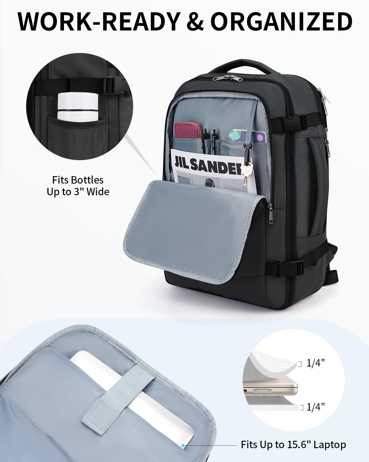 ECOHUB Travel Backpack for Men Women, Expandable Large Carry On Backpacks Essentials with Wet Pocket Cable Slot Water Resistant 12 Pockets 30L Travel Work Grey