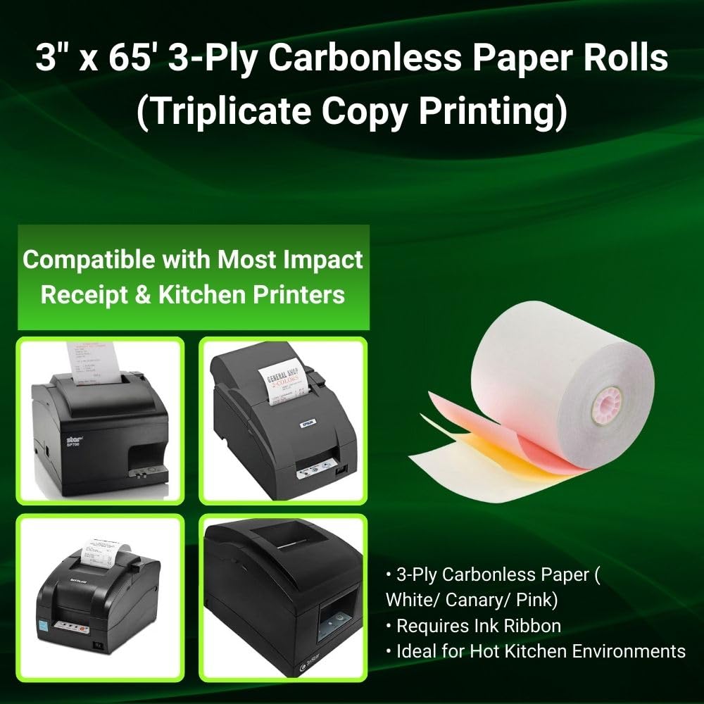 (30 Rolls) 3 Ply Carbonless Rolls 3" x 65 Feet White/Canary/Pink Receipt Paper POS Cash Register
