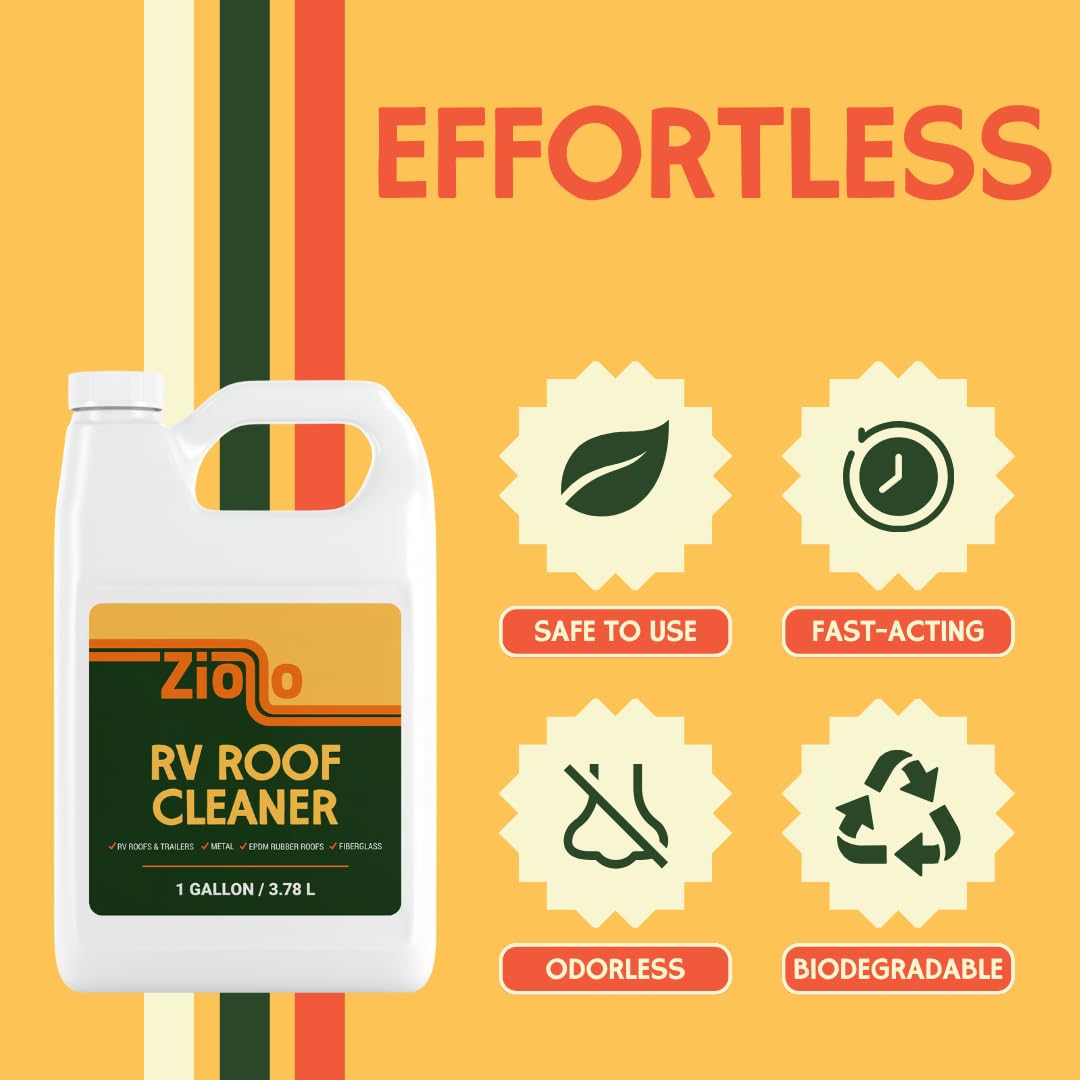 Ziollo RV Roof Cleaner - Fast-Acting Formula for EPDM & TPO Rubber, Fiberglass & Metal Roofs - Natural Citrus Outdoor Cleaner - Stain Remover for RV Exterior - 1 Gallon