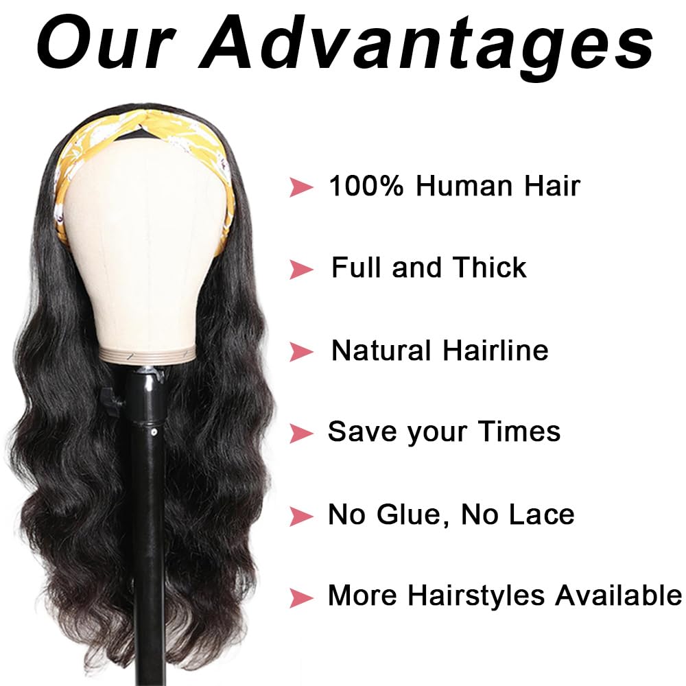 Body Wave Headband Wig Human Hair 150% Density Glueless Wig for Black Women No Lace Front Machine Made Short Half Wig Beginner Friendly Natural Color 12inch
