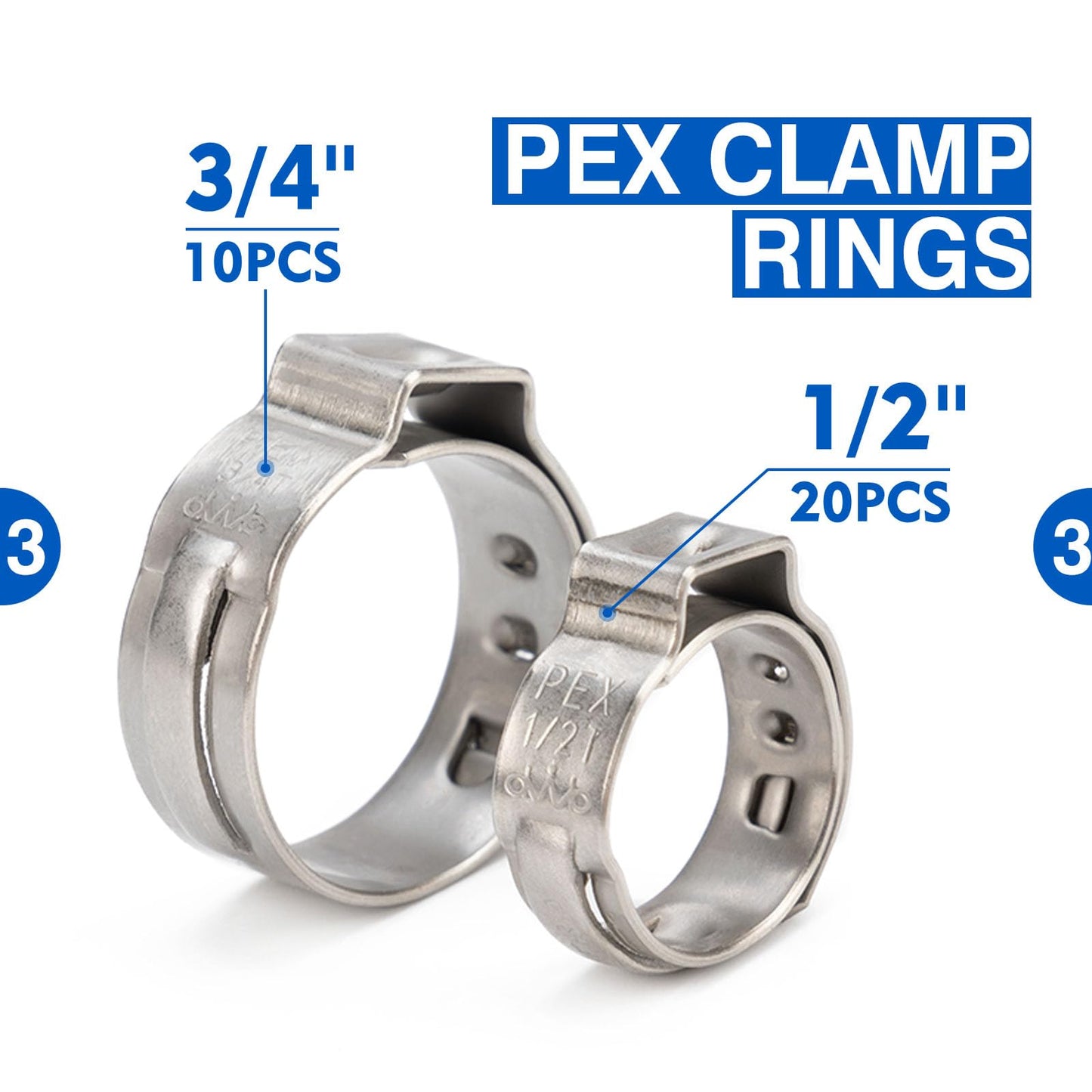 iCrimp Ratchet PEX Cinch Tool with Removing Function for 3/8-in, 1/2-in, 3/4-in, 1-in PEX Stainless Steel Clamp, with 20PCS 1/2-inch and 10PCS 3/4-inch PEX Clamps and Pipe Cutter- All in One