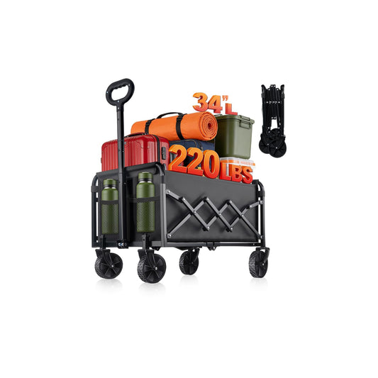 220LBS Collapsible Foldable Wagon Carts - Heavy Duty Portable Folding Utility Wagons with All-Terrain Wheels for Grocery Sports Shopping Camping Garden Beach, 2 Drink Holders/Lightweight/Black
