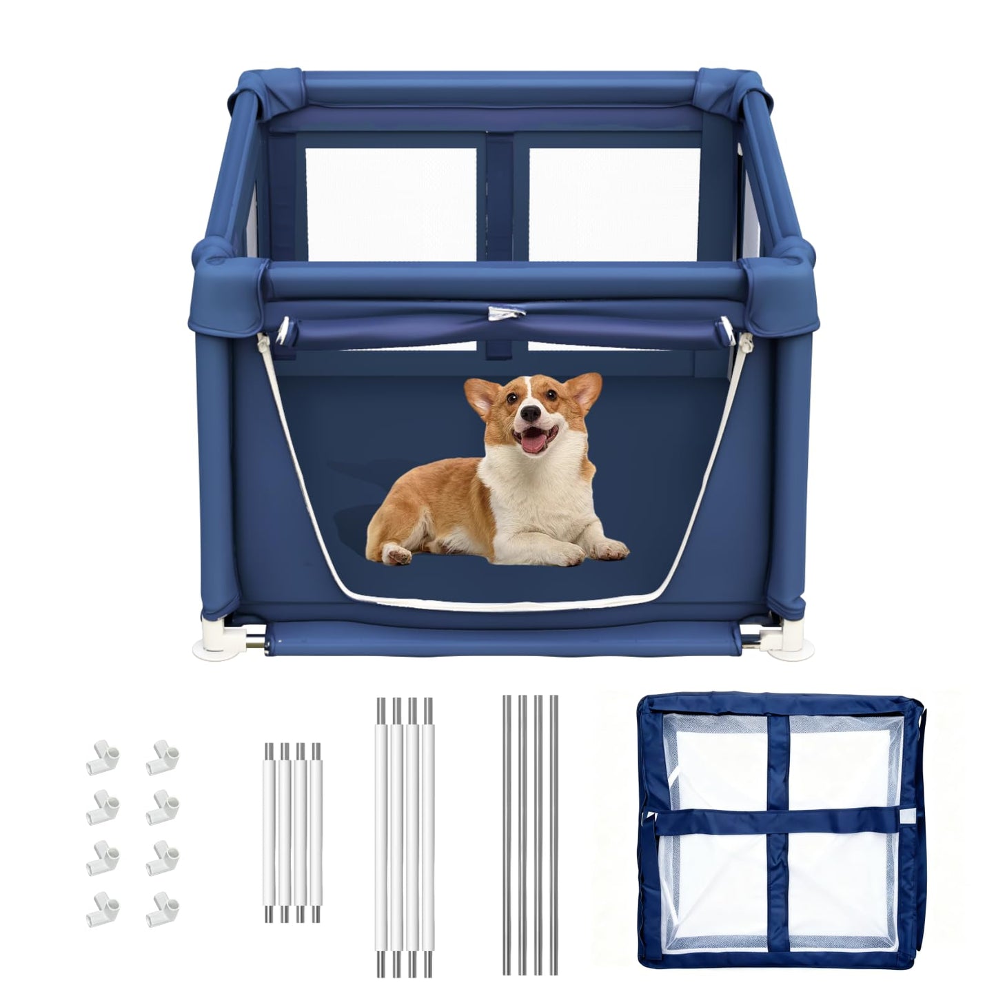 Puppy Playpen with Gate, Dog Playpen for Puppies or Small Dogs, Safety Pet Playpen with Thickened Fabric, High-Strength Nylon Wire Mesh, Stainless Steel Pipes (Blue, 90x90x66cm, 5)