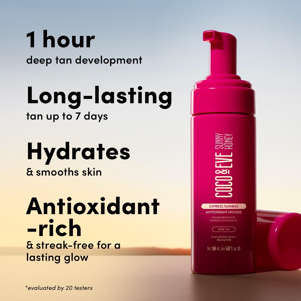 Coco & Eve Express Tanning Antioxidant Mousse - Best 1 Hour Streak-Free Sunless Deep Tan | Fast, Instant, Natural Dark Glow. Moisturizing Tanner with DHA, Hyaluronic Acid, Coconut Extract (5.07 fl oz)