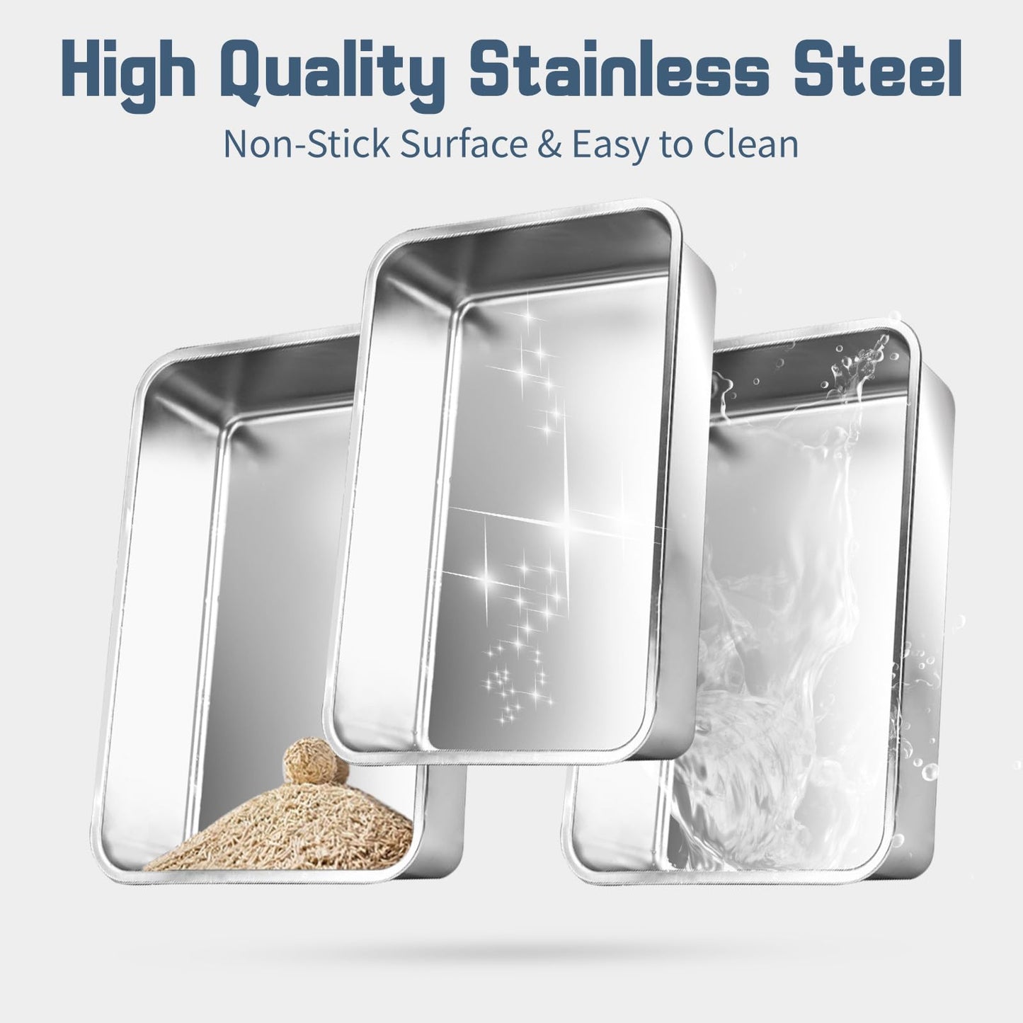 Bartuke 3 Pack Stainless Steel Litter Box, 50x 35x 15cm Large Metal High Sided Cat Litter Pan, Stainless Steel Box Splash-Proof and Non-Stick Cat Poop Box odorless