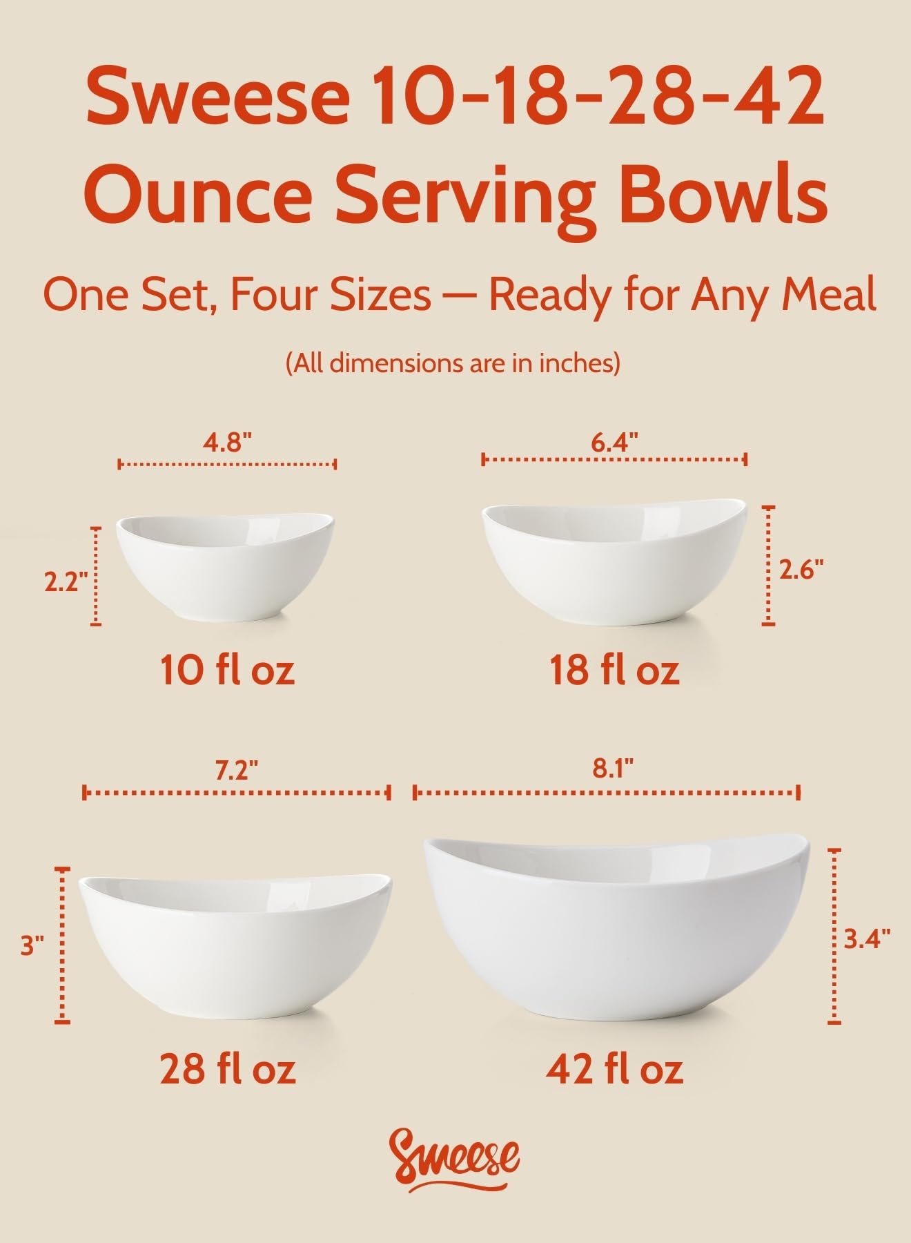 Sweese 105.101 Porcelain Bowls 10-18-28-42 Ounce Various Size Bowl Set - Set of 4, White