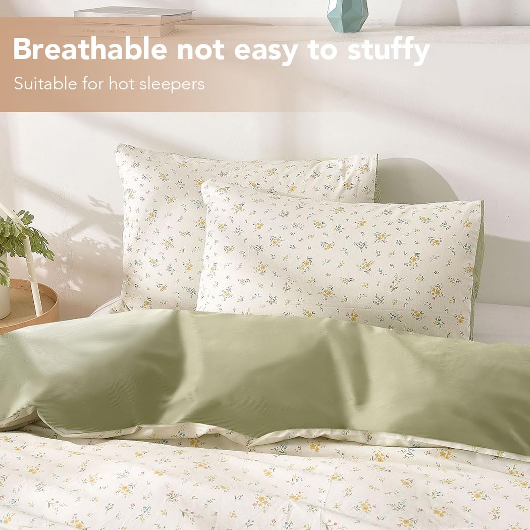 Conworld 100% Washed Cotton Duvet Cover Queen, Ultra Soft Breathable Floral Queen Duvet Cover Bedding Sets with Zipper Closure & Corner Ties, Green