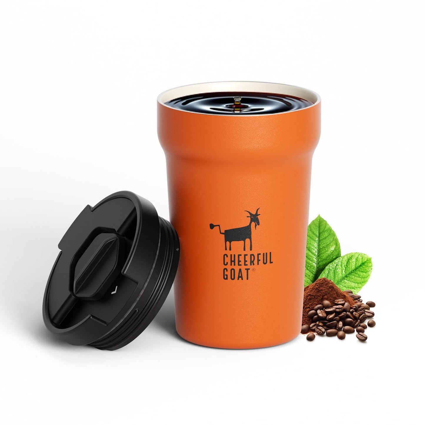CHEERFUL GOAT Ceramic Lined Coffee Travel Mug – Stainless Steel Travel Coffee Tumbler with Ceramic Liner, with lid, 12oz Coffee Cup for Hot and Cold Water Coffee at Home, Office, or On the Go (Orange)