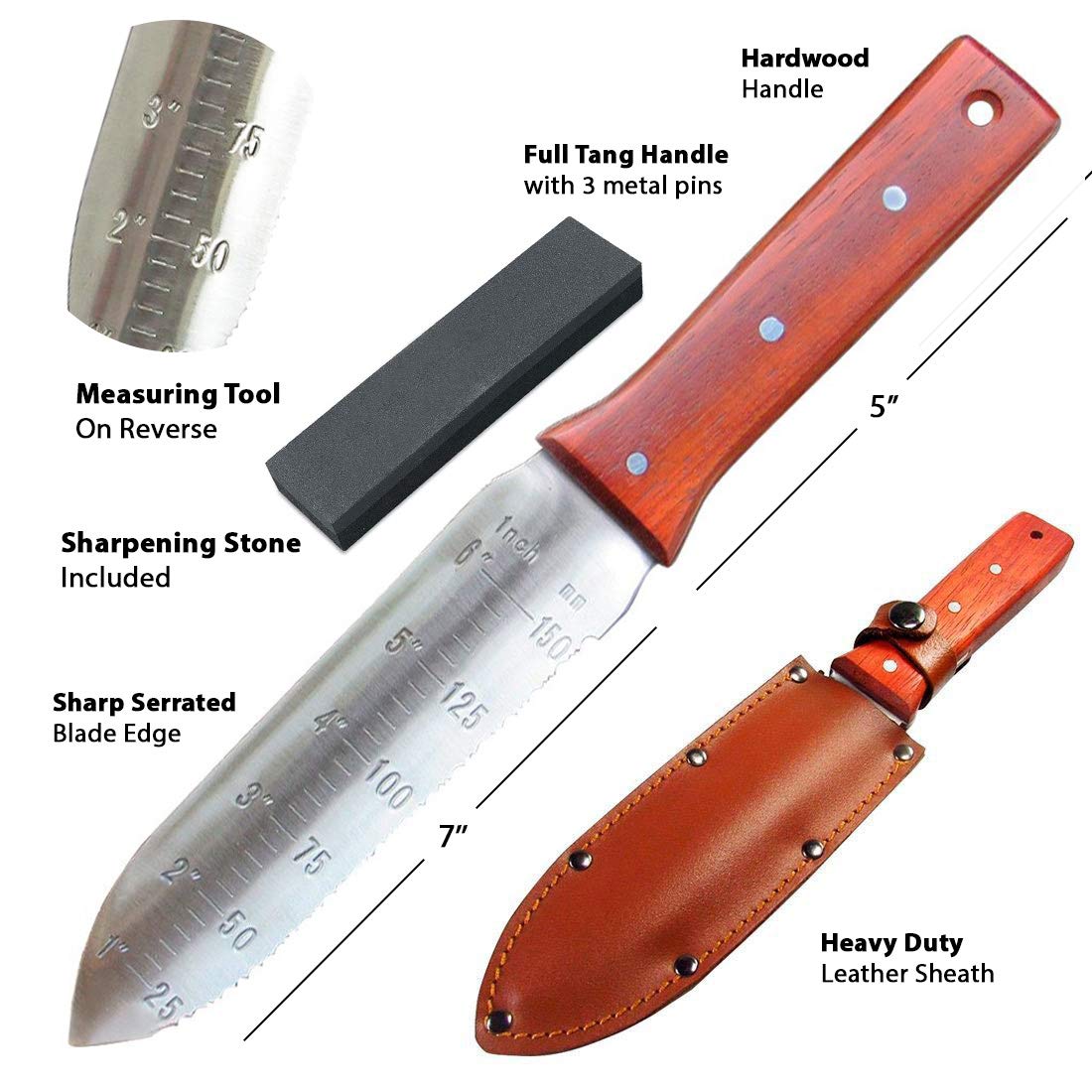 Hori Hori Garden Knife [7 Inches, Japanese Stainless Steel] Durable Gardening Tool for Weeding, Digging, Cutting & Planting with Leather Sheath and Sharpening Stone