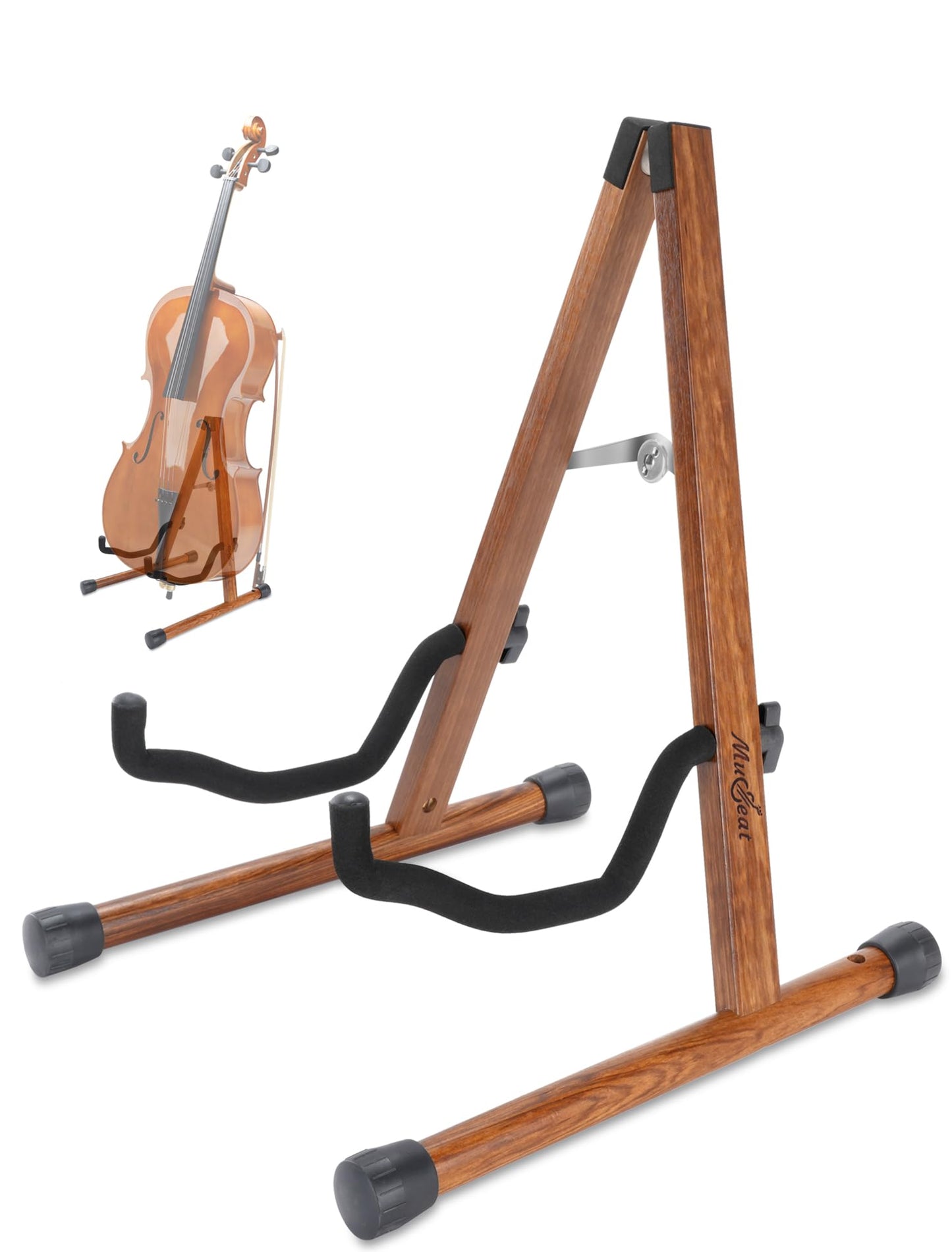 Musbeat Cello Stand, A-Frame Cello Stand with Bow Holder for Cello Display, Handcrafted Wooden Cello Stand with Padded Foam, Zebra Wood Floor Cello Stand for 1/2, 3/4, 7/8, Full-Size Cello, Guitar