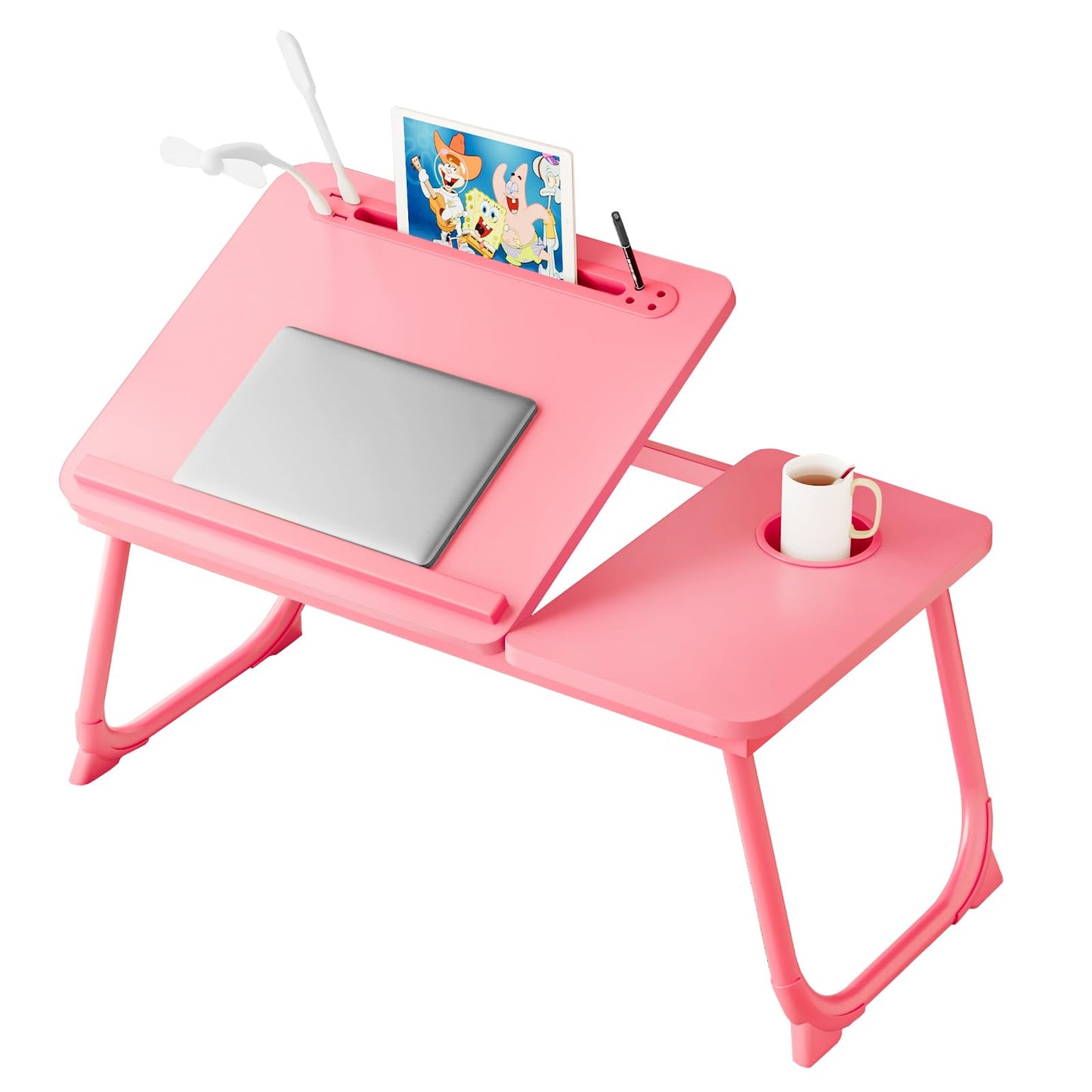 Laptop Desk for Bed, Adjustable Laptop Stand with 5 Adjustable Angles, Portable Lap Tray Table with USB Charge Port and Cup Holder, Laptop Bed Desk Tray for Eating Working (Pink)