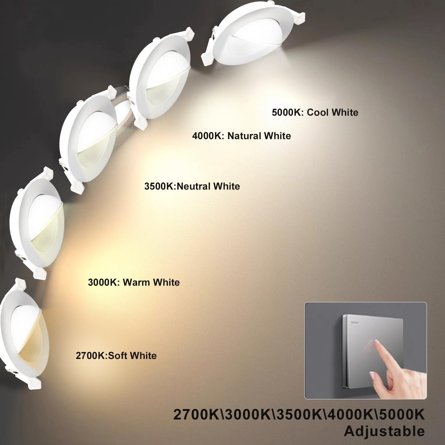 GCN LIGHT Gimbal 2700K/3000K/3500K/4000K/5000K Adjustable 3 Inch 6W 500LM Dimmable LED Recessed Pot Light, IC Rated LED Slim Panel/Downlight with Junction Box, (6 Pack)