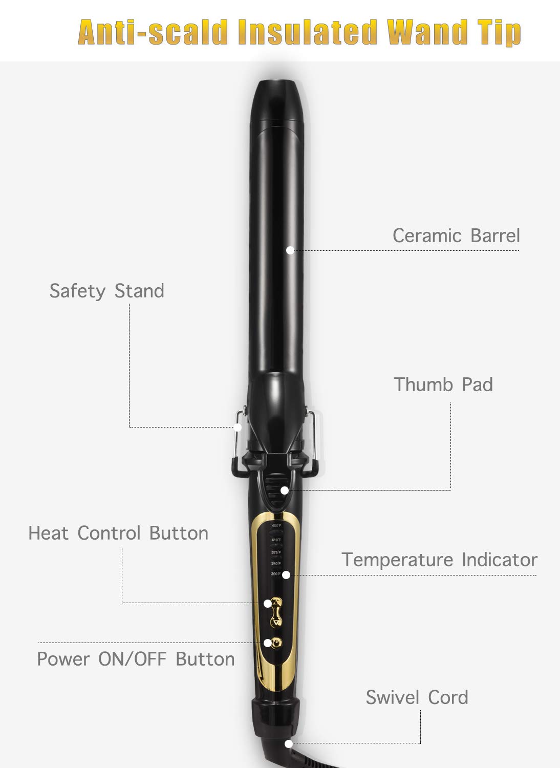 Lanvier 1.25 Inch Clipped Curling Iron with Extra Long Tourmaline Ceramic Barrel, Professional Hair Curler up to 450°F with Dual Voltage for Traveling, Hair Waving Style Tool for Girls & Women –Black