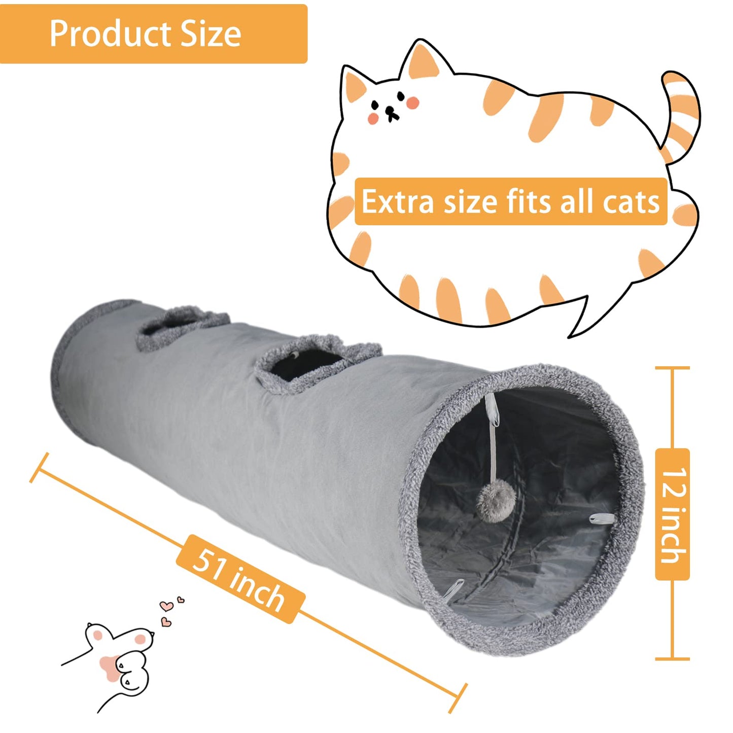 Terunat Cat Tunnel for Indoor Cats, 51×12 inch Foldable Big Cat Tunnel, Grey Suede Pet Tunnels with Two Peepholes and a Bubble Ball