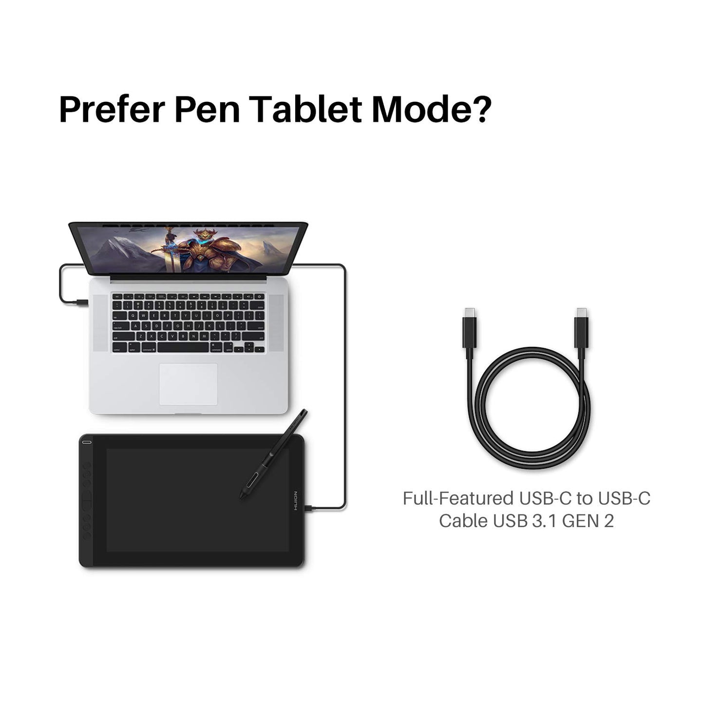 HUION Full-Featured Type-C USB-C to USB-C Cable USB 3.1 GEN 2 DP1.2 for Kamvas 12, 13, 16 (2021), Pro 13 (2.5K), 16 (2.5K), 16 (4K), 16 Plus (4K)