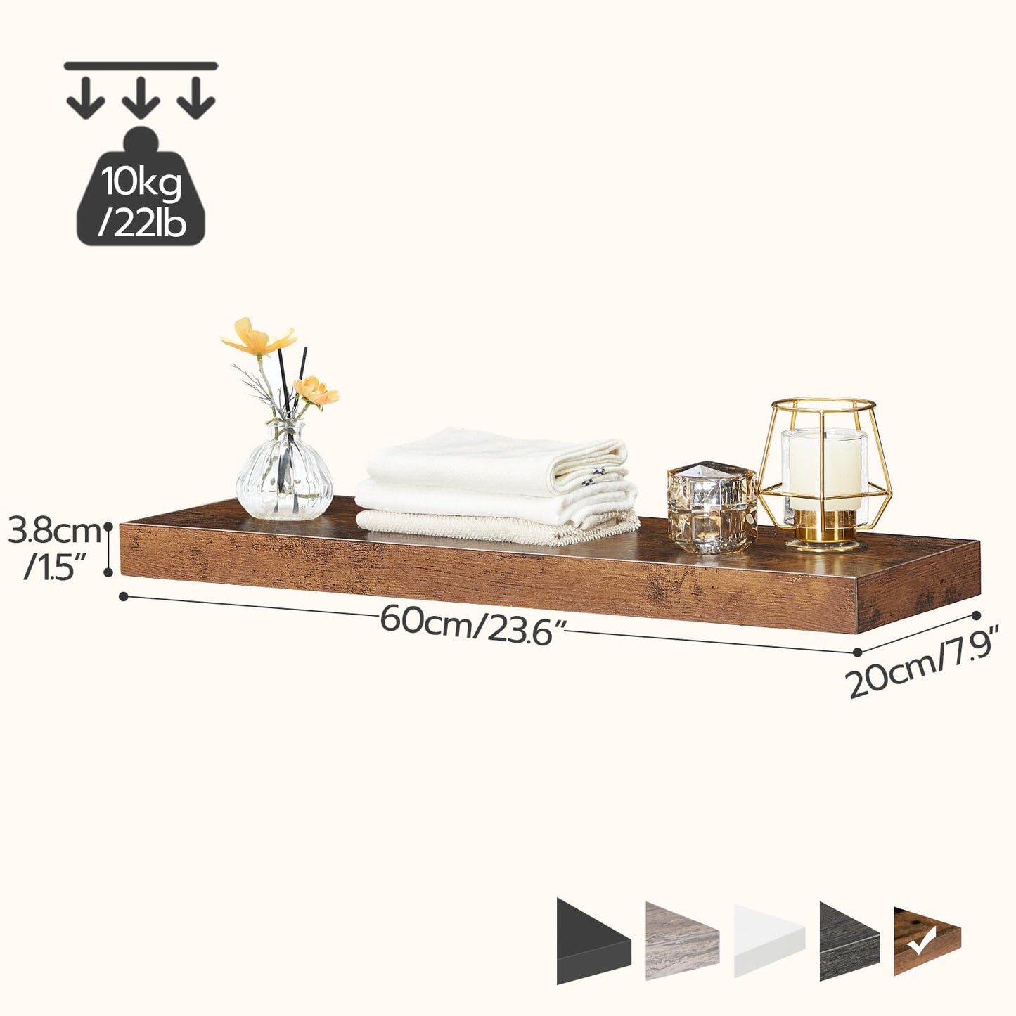 HOOBRO Floating Shelves, Rustic Brown Wall Shelf Set of 2, 60 cm Hanging Shelves with Invisible Brackets, for Bathroom, Bedroom, Toilet, Kitchen, Office, Living Room Decor BF60BJ01