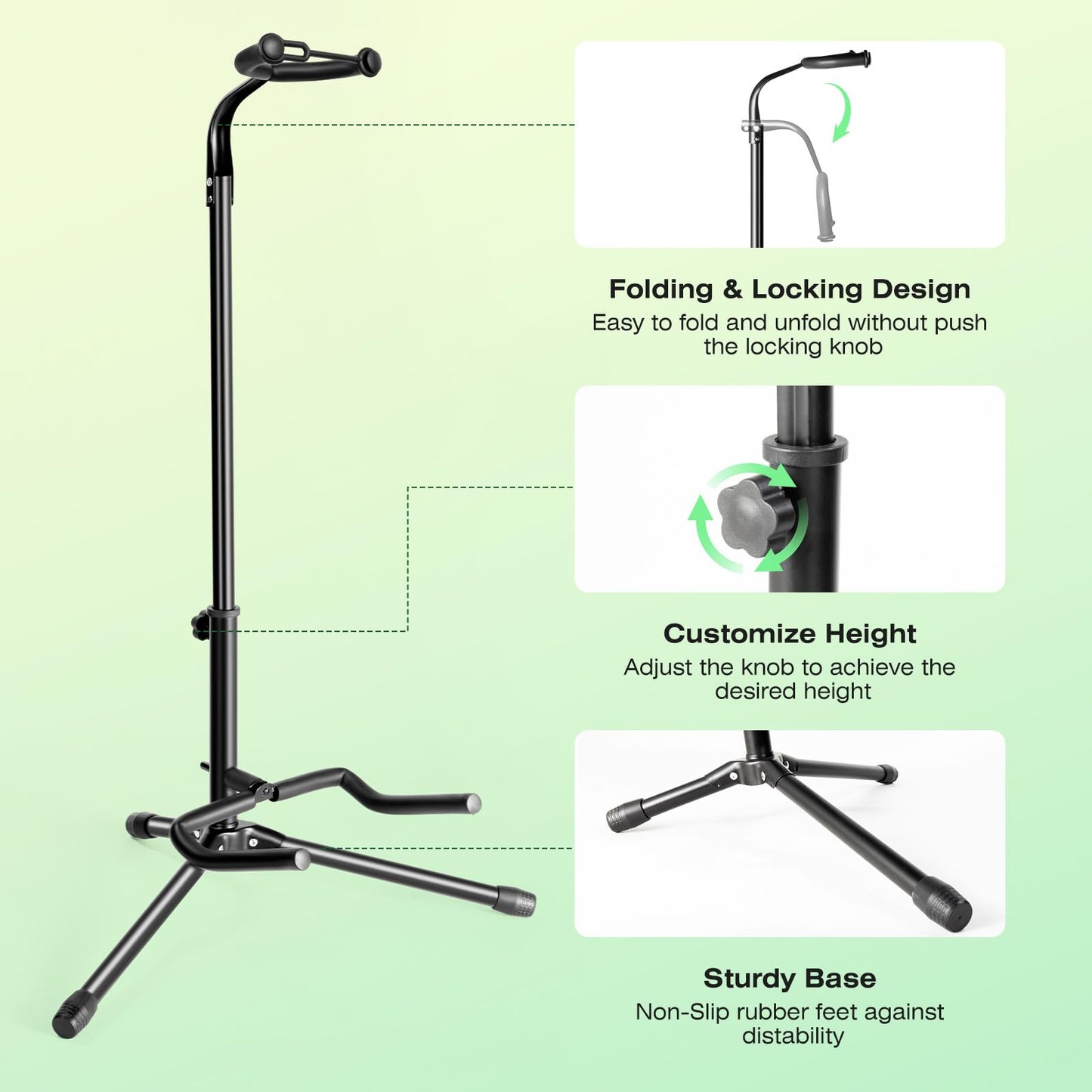 Linrax Guitar Stand with Neck Holder, Folding Guitar Stand, Adjustable Height, Non-Slip Rubber and Foam Arms, Universal Guitar Holder for Acoustic Classical Electric Guitar Bass, Tripod Guitar Rack